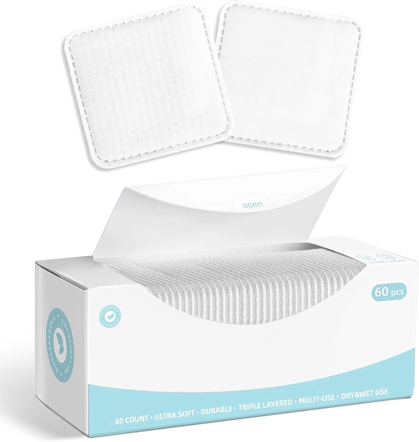 پدهای پنبه‌ای مربعی Azonee برای صورت، 60 عدد پد پنبه‌ای 3 لایه پاک کننده آرایش، پدهای پنبه‌ای فوق‌العاده نرم و نازک برای صورت، پدهای پنبه‌ای مربعی آرایشی، برای لوازم آرایشی، ناخن، مراقبت شخصی