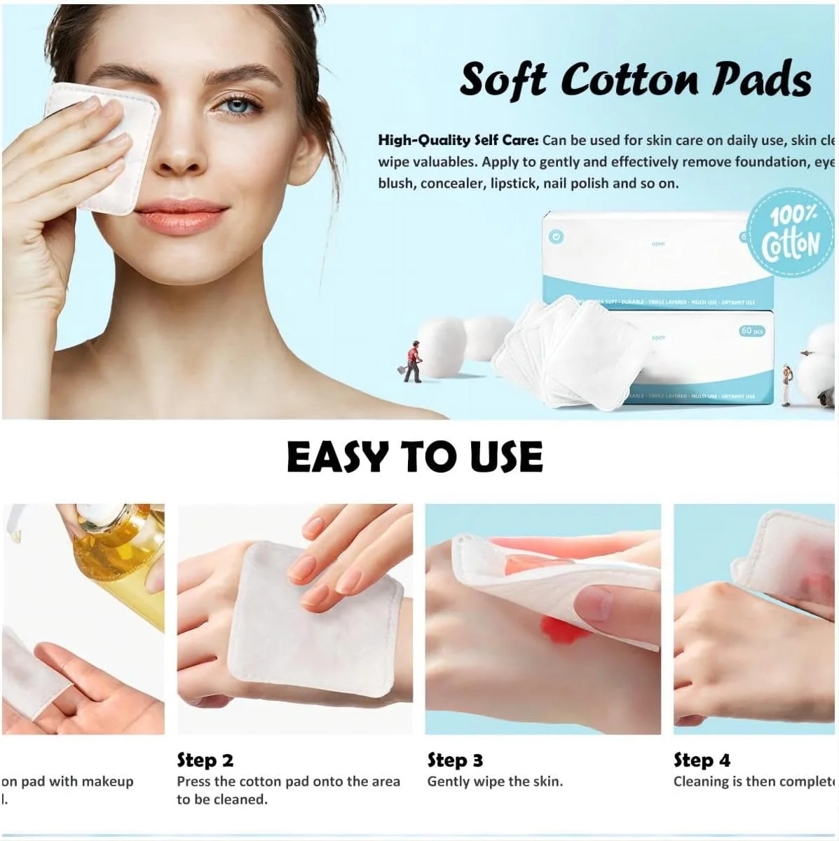 پدهای پنبه‌ای مربعی Azonee برای صورت، 60 عدد پد پنبه‌ای 3 لایه پاک کننده آرایش، پدهای پنبه‌ای فوق‌العاده نرم و نازک برای صورت، پدهای پنبه‌ای مربعی آرایشی، برای لوازم آرایشی، ناخن، مراقبت شخصی