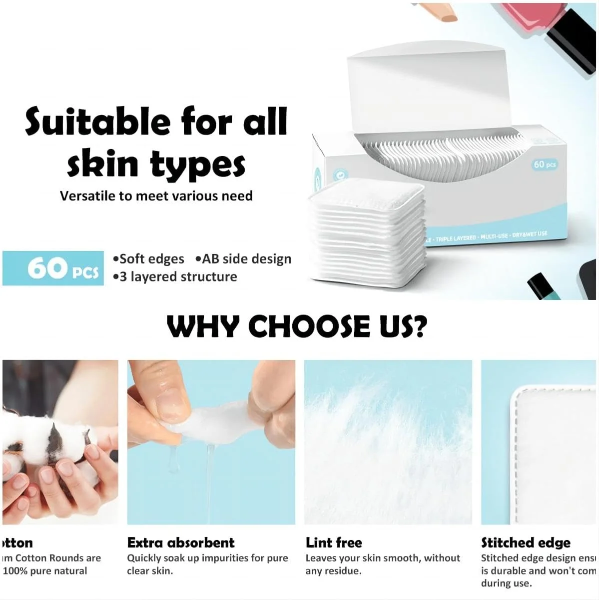 پدهای پنبه‌ای مربعی Azonee برای صورت، 60 عدد پد پنبه‌ای 3 لایه پاک کننده آرایش، پدهای پنبه‌ای فوق‌العاده نرم و نازک برای صورت، پدهای پنبه‌ای مربعی آرایشی، برای لوازم آرایشی، ناخن، مراقبت شخصی