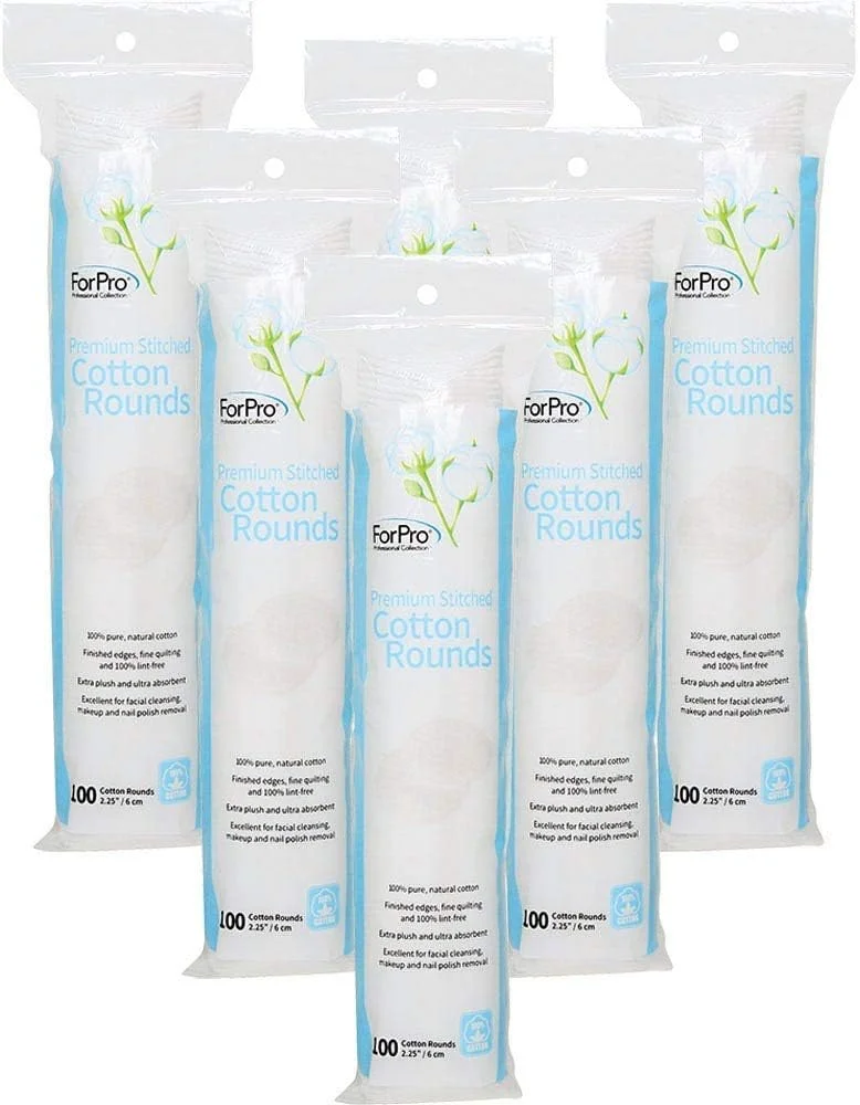 پدهای پنبه‌ای بخیه دار ممتاز مجموعه حرفه‌ای ForPro، پدهای 100% پنبه خالص برای پاک کردن آرایش، لاک ناخن و پاکسازی صورت، 600 عددی (بسته 6 تایی 100 عددی)