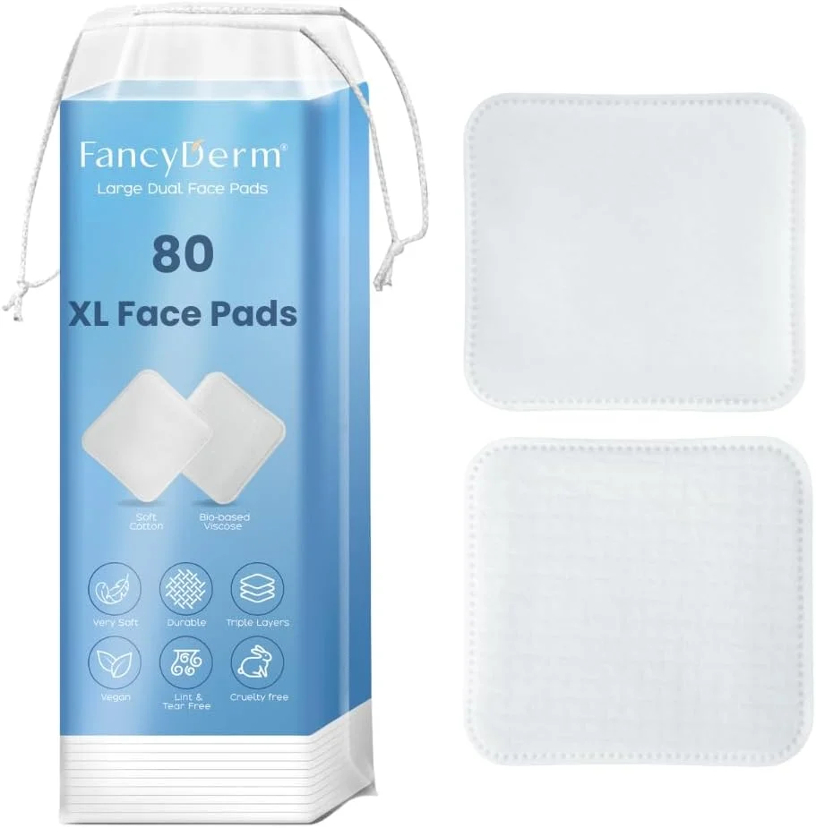پدهای آرایشی پنبه ای برای صورت، 80 عدد پد بزرگ دو طرفه پاک کننده آرایش، تونر، میسلار واتر، بدون پرز و پارگی، بدون ریزش، پدهای سه لایه مراقبت از پوست، یک طرف بافت دار و یک طرف فوق العاده نرم - 1 بسته