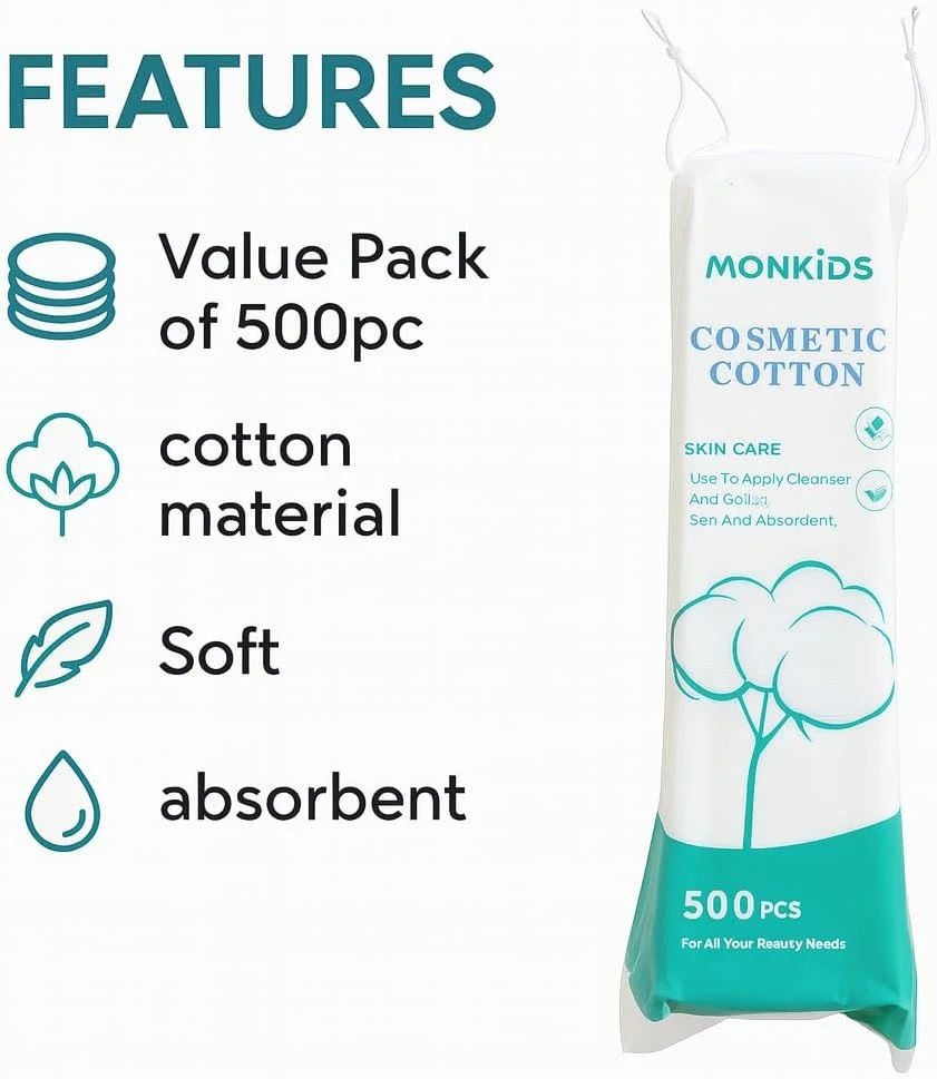 پدهای پنبه ای پاک کننده آرایش، 500 عدد، نرم و یکبار مصرف، پدهای پاک کننده صورت مربعی، پدهای پنبه ای ملایم برای تونر، مراقبت روزانه پوست، پاک کردن آرایش