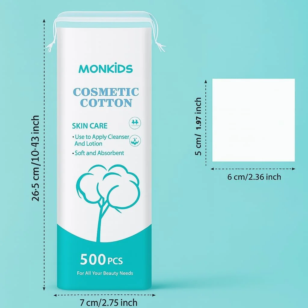 پدهای پنبه ای پاک کننده آرایش، 500 عدد، نرم و یکبار مصرف، پدهای پاک کننده صورت مربعی، پدهای پنبه ای ملایم برای تونر، مراقبت روزانه پوست، پاک کردن آرایش