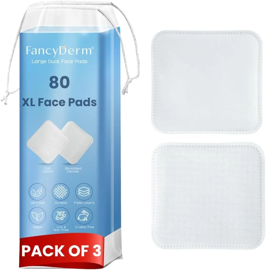پدهای آرایشی پنبه ای برای صورت، 80 عدد پد بزرگ دو طرفه پاک کننده آرایش، تونر و میسلار واتر، بدون پرز و پارگی، بدون ریزش، پدهای مراقبت از پوست سه لایه، دارای سطح بافت دار و فوق العاده نرم - بسته 3 عددی