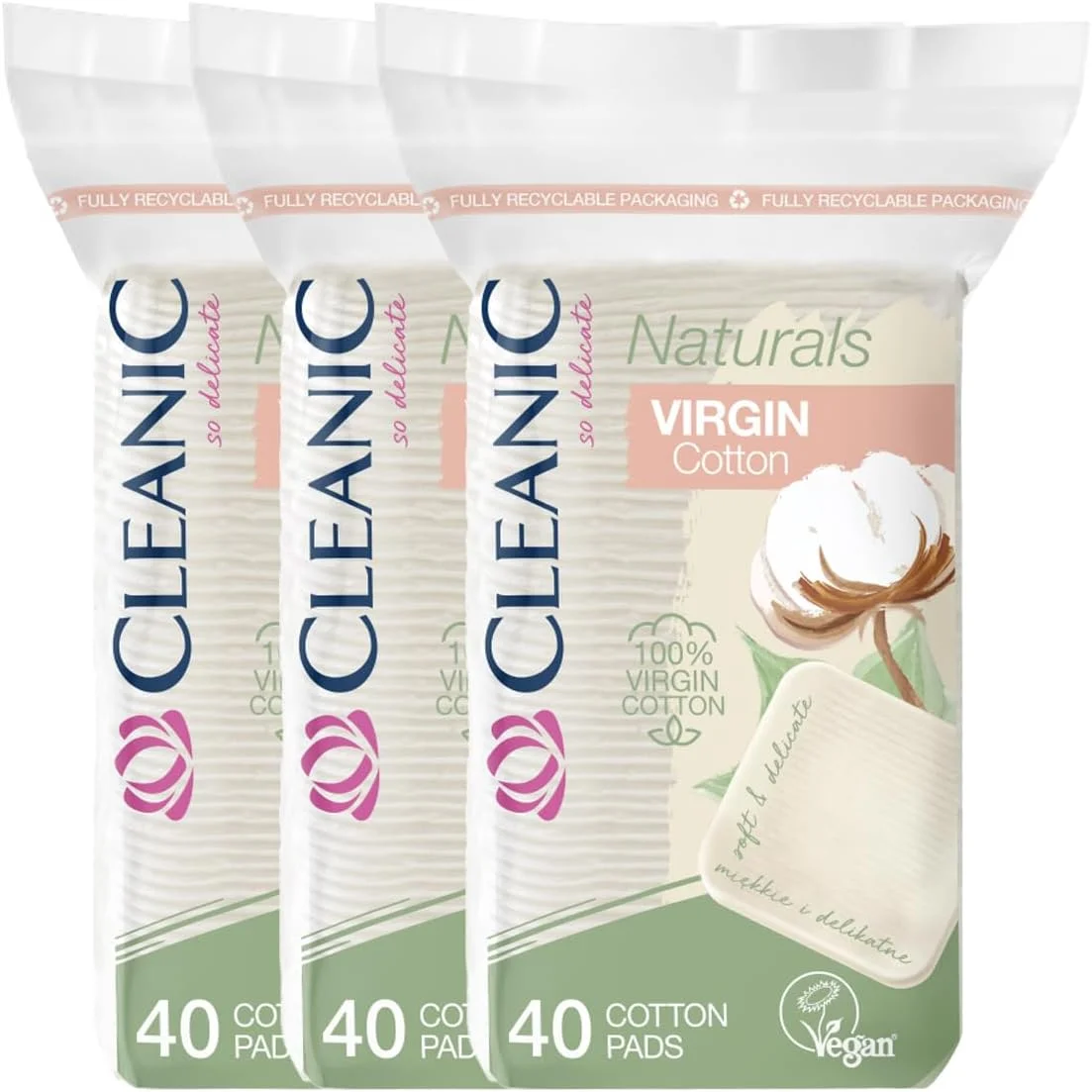 پدهای آرایشی پنبه ای کلینیک نچرالز (بسته 3 عددی 40 تایی) | نرم و لطیف | سطح مخملی برای پاک کردن موثر آرایش | پنبه خالص