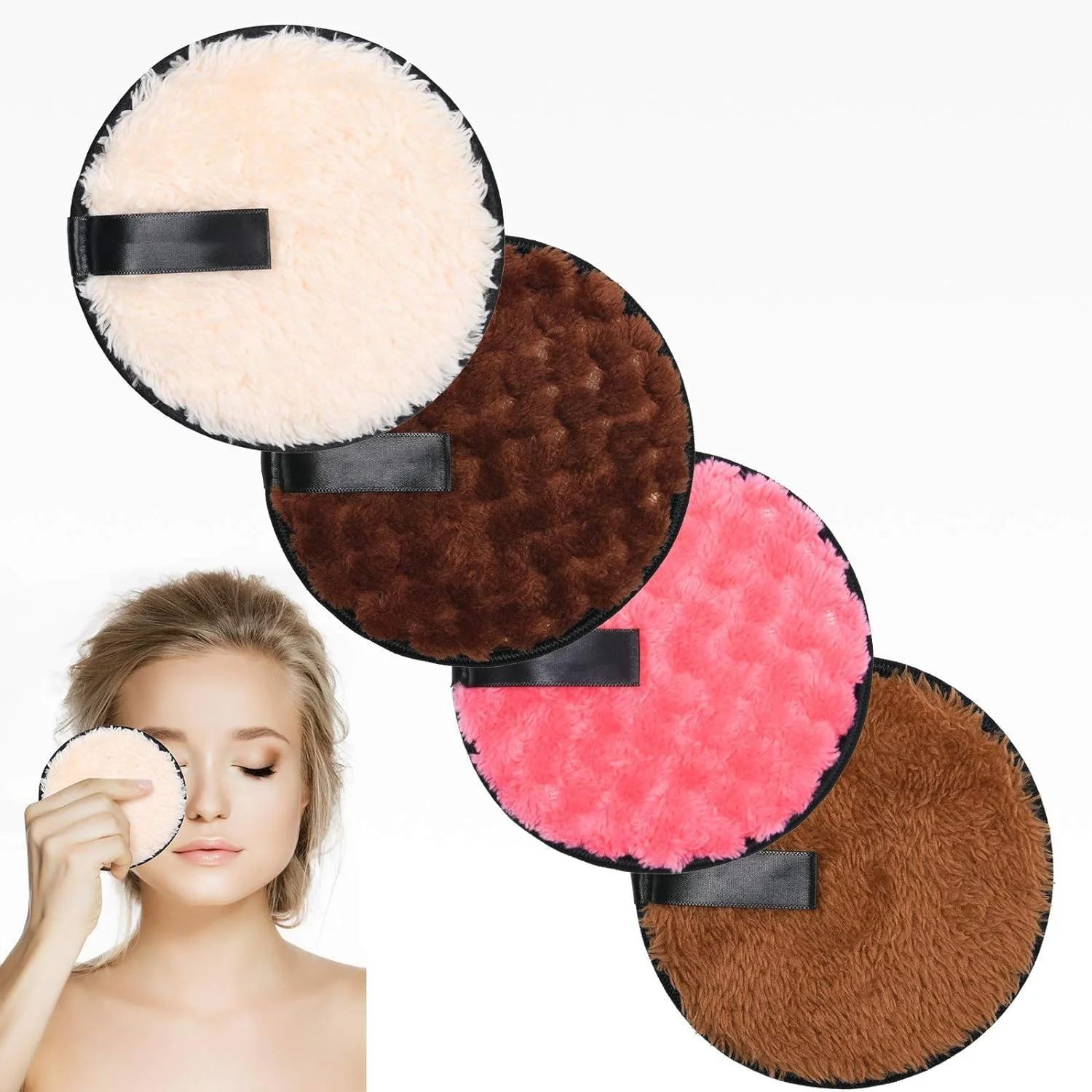 پدهای پاک کننده آرایش McMola، بسته 4 عددی پدهای بزرگ دو طرفه قابل استفاده مجدد، پارچه های میکروفیبر شستشوی صورت برای چشم ها، مناسب برای انواع پوست