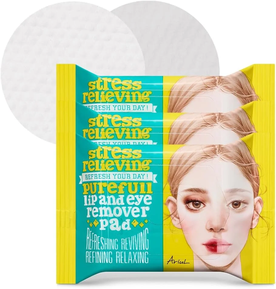 پدهای پاک کننده آرایش لب و چشم Ariul Stress Relieving Purefull – پاک کننده ملایم آرایش های ماندگار، فرمول آبرسان و تسکین دهنده، مراقبت از پوست کره ای با مواد طبیعی، 3 بسته 30 عددی