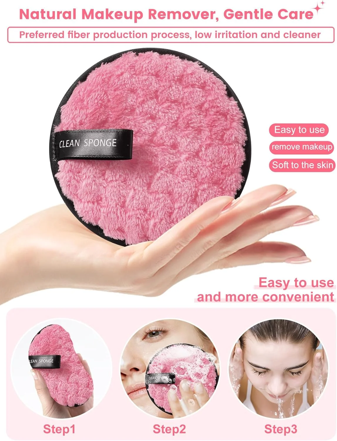 2 عدد پد پاک کننده آرایش، پدهای پاک کننده آرایش قابل استفاده مجدد برای پاک کردن ملایم و موثر آرایش روزانه، شامل کرم پودر، ریمل، سایه چشم و رژ لب (صورتی روشن)