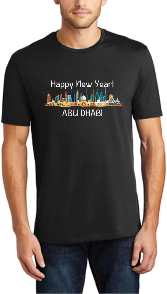 تی‌شرت مردانه با طرح سال نو با الهام از ابوظبی - جشن در ابوظبی با تی‌شرت آستین کوتاه پنبه‌ای یقه گرد - ایده‌آل برای جشن سال نو