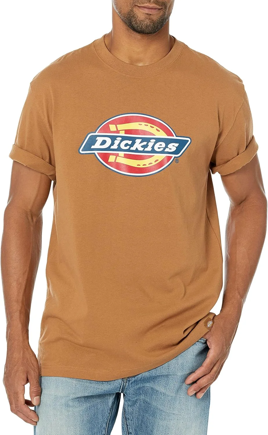 تی شرت آستین کوتاه مردانه سایز بزرگ و قد بلند با لوگوی سه رنگ Dickies، قهوه ای، 3X