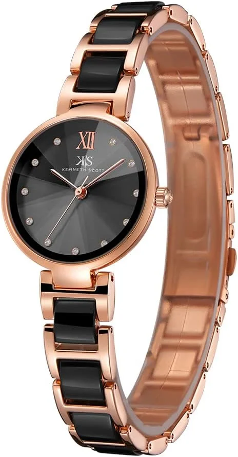 ساعت مچی زنانه کنت اسکات با موتور کوارتز، نمایشگر آنالوگ و بند آلیاژ + سرامیک - K22531-KCBB، مشکی + رزگلد