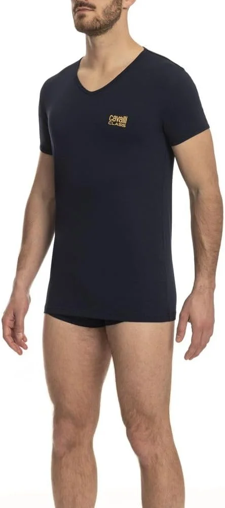 تی شرت یقه هفت شیک Cavalli Class با لوگو، مردانه - آبی