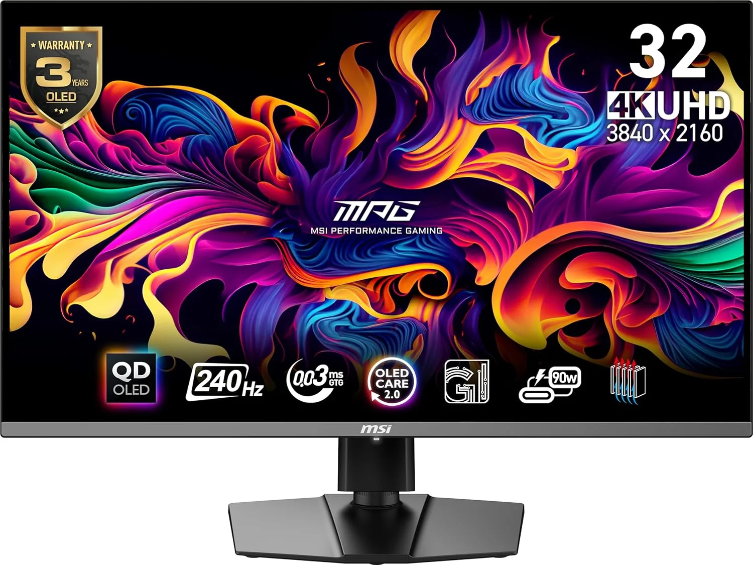 مانیتور گیمینگ 32 اینچی MSI MPG 321URX QD-OLED، رزولوشن 4K UHD، پنل Quantum Dot OLED، ابعاد 3840 x 2160، زمان پاسخگویی 0.03 میلی‌ثانیه، نرخ تازه‌سازی 240 هرتز، True Black HDR 400، پورت USB Type C با توان 90 وات، HDMI، پورت DP