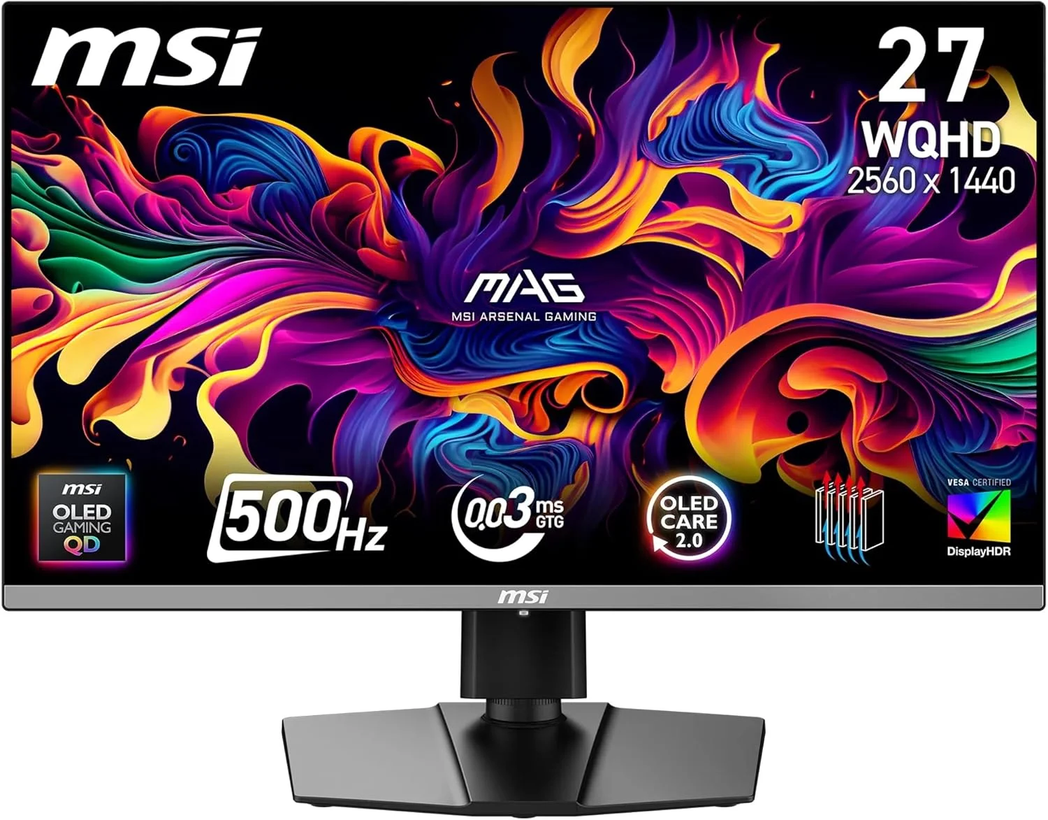 مانیتور گیمینگ MSI MAG 272QP QD-OLED X50: سایز 26.5 اینچ، رزولوشن 2560x1440 (WQHD)، نرخ بروزرسانی 500 هرتز، زمان پاسخگویی 0.03 میلی‌ثانیه، سطح ضد انعکاس، حالت کنسول، نصب VESA با ابعاد 100x100 میلی‌متر - مشکی