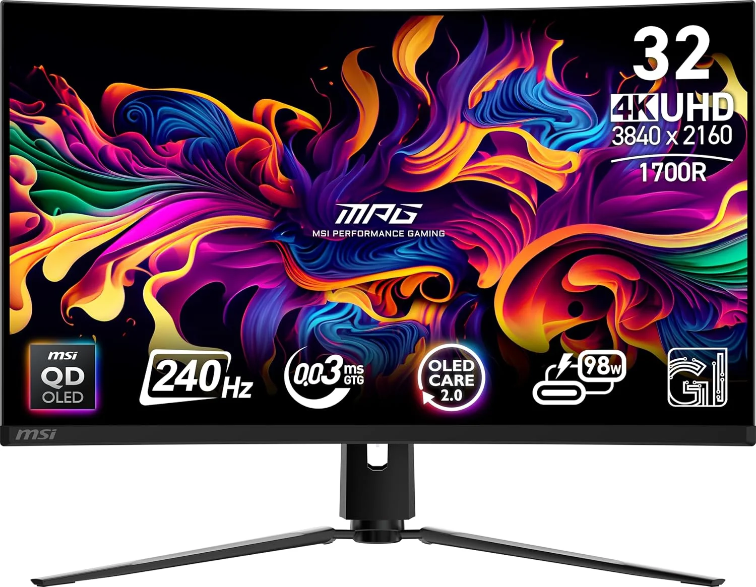 مانیتور گیمینگ ام اس آی MPG 321CURX QD-OLED سایز 32 اینچ، رزولوشن 3840x2160 (UHD)، نرخ بروزرسانی 240 هرتز، Adaptive-Sync، پورت HDMI، پورت DP، قابلیت نصب VESA، قابلیت Tilt، دارای بلندگو، زمان پاسخگویی 0.03 میلی‌ثانیه، مشکی