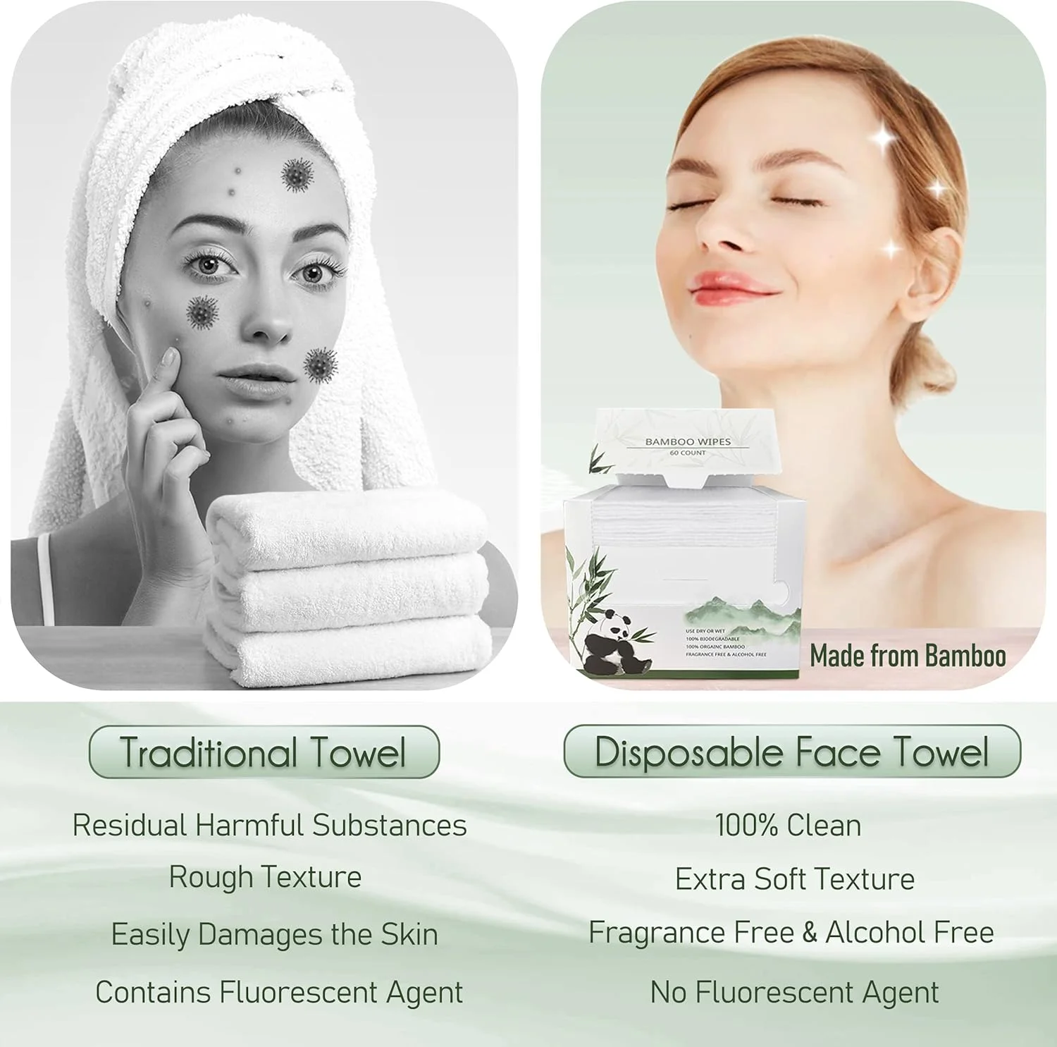 دستمال صورت یکبار مصرف ویسکوز بامبو، دستمال مرطوب بزرگ و خشک صورت تجزیه پذیر، 60 عدد، بسیار ضخیم، نرم و تمیز برای پوست های حساس، پاک کننده آرایش، پاک کننده صورت، پرستاری، مسافرت