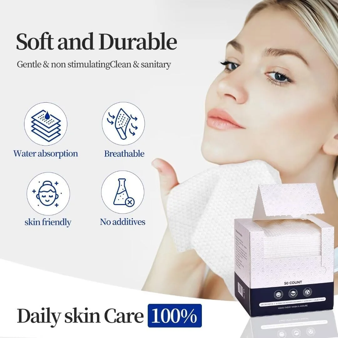 دستمال صورت یکبار مصرف - دستمال مرطوب بزرگ خشک ویسکوز زیست تخریب پذیر، دستمال های فوق العاده نرم و ضخیم برای پاک کردن صورت برای پوست های حساس، پاک کردن آرایش، پاکسازی صورت، پرستاری و مسافرت (50 عدد)
