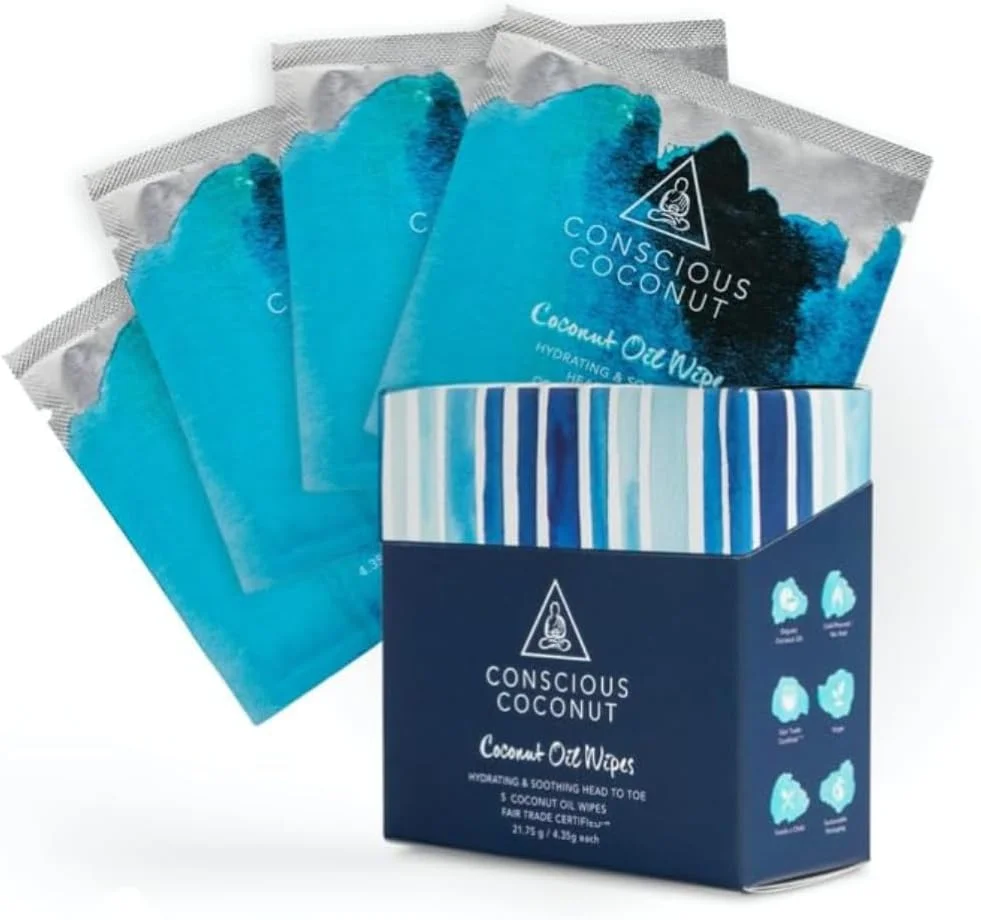 دستمال مرطوب پاک کننده صورت نارگیل آگاهانه - دستمال مرطوب پاک کننده آرایش حاوی روغن نارگیل بکر ارگانیک، بسته بندی تکی دستمال مرطوب روغن نارگیل ارگانیک - برای صورت و بدن (5 عدد)