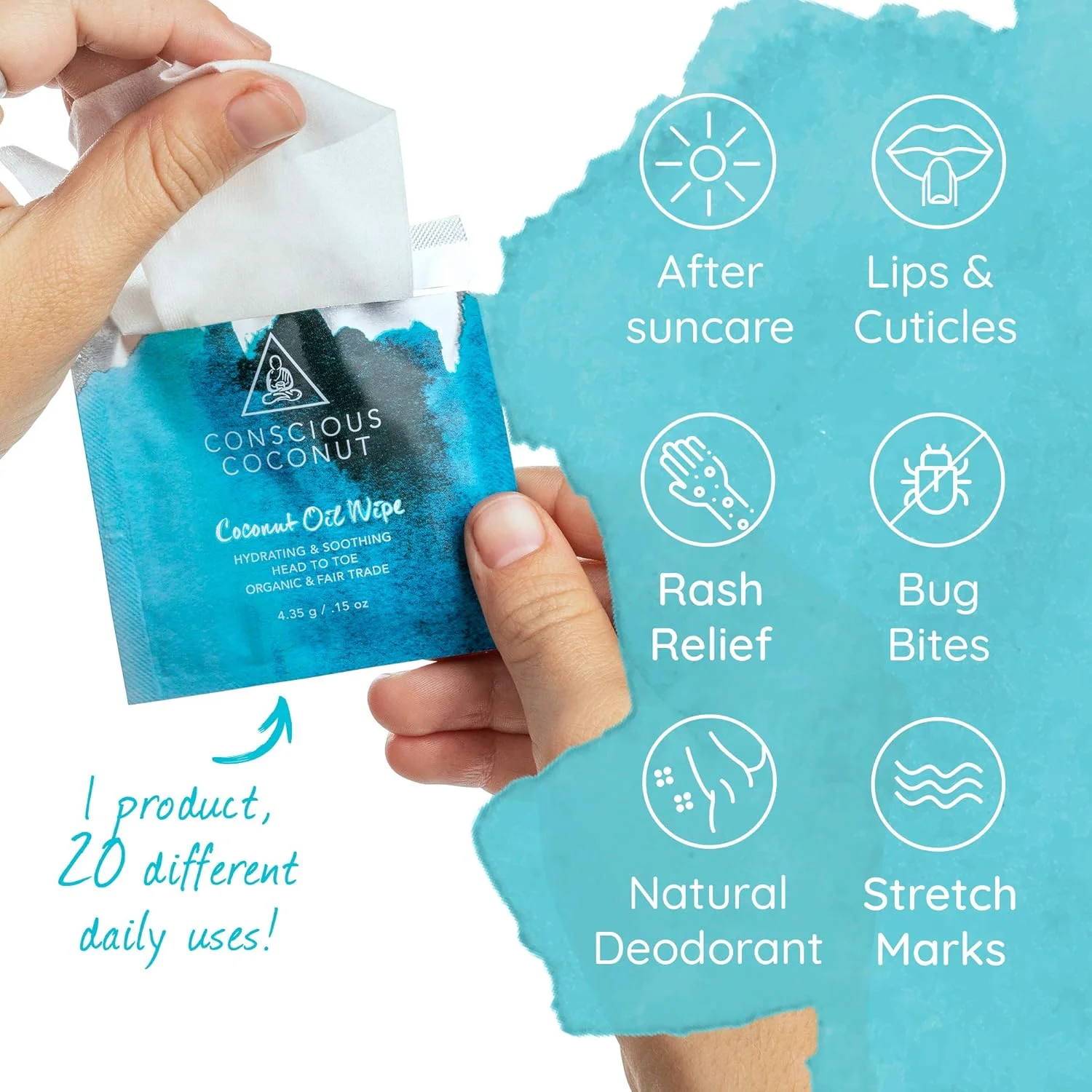 دستمال مرطوب پاک کننده صورت نارگیل آگاهانه - دستمال مرطوب پاک کننده آرایش حاوی روغن نارگیل بکر ارگانیک، بسته بندی تکی دستمال مرطوب روغن نارگیل ارگانیک - برای صورت و بدن (5 عدد)