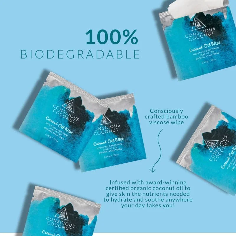 دستمال مرطوب پاک کننده صورت نارگیل آگاهانه - دستمال مرطوب پاک کننده آرایش حاوی روغن نارگیل بکر ارگانیک، بسته بندی تکی دستمال مرطوب روغن نارگیل ارگانیک - برای صورت و بدن (5 عدد)