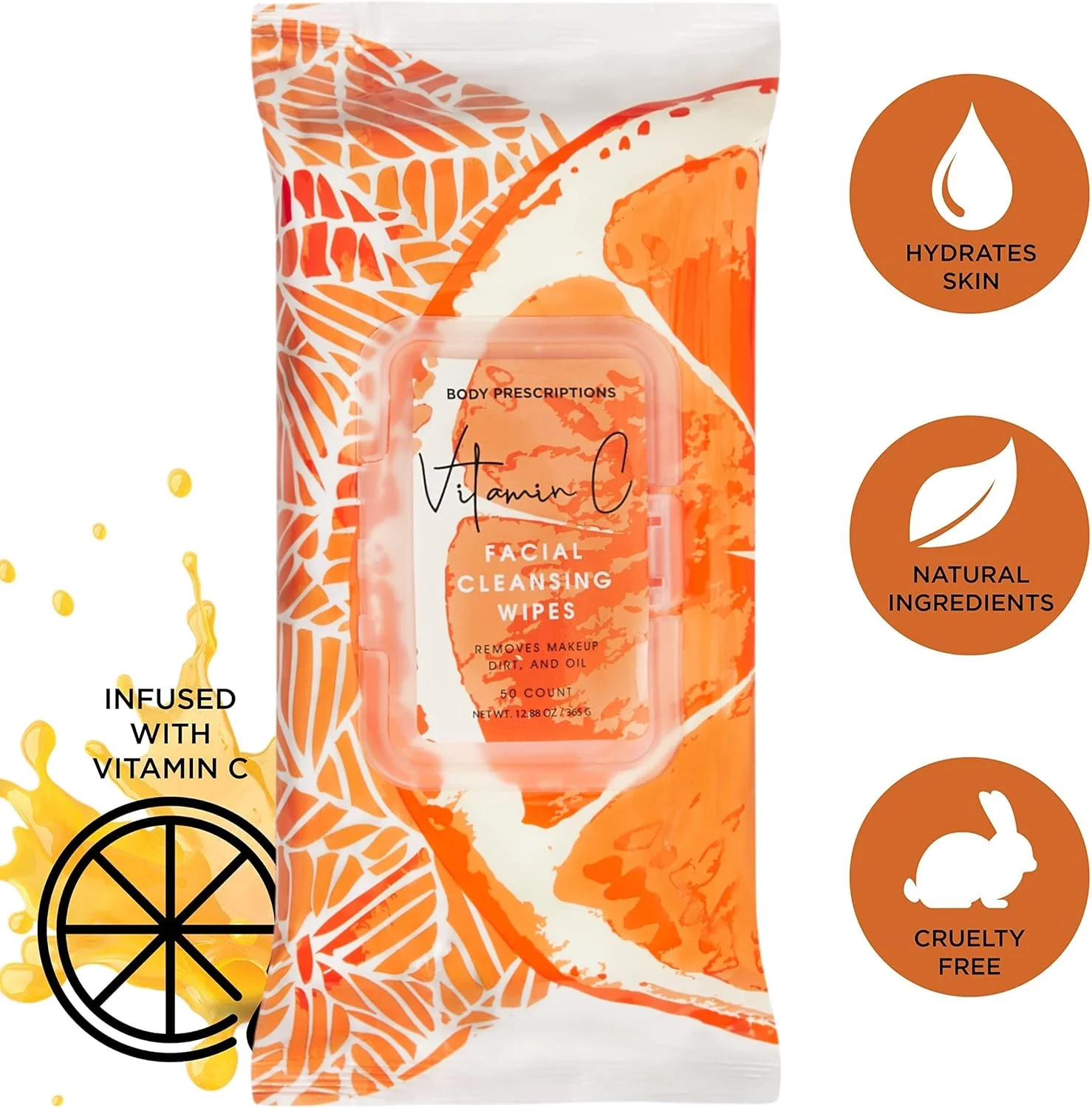 دستمال مرطوب صورت | دستمال مرطوب پاک کننده صورت حاوی ویتامین C و پاک کننده ملایم آرایش - 2 بسته (هر کدام 50 عدد) | Body Prescriptions