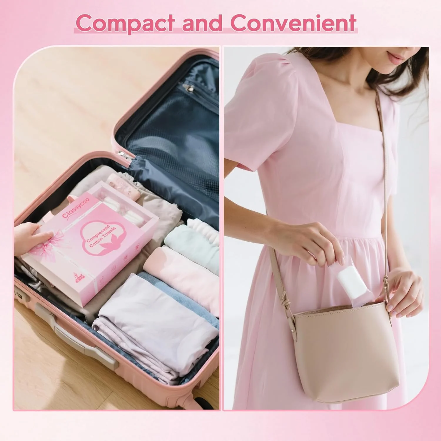 دستمال حوله ای فشرده Classycoo - دستمال صورت یکبار مصرف پنبه ای 100٪، بسته بندی جداگانه، قابل حمل، مینی دستمال نرم مسافرتی، 30 عدد، مناسب کمپینگ، پیاده روی، پاک کردن آرایش صورت، هدیه صورتی، 30x25 سانتی متر