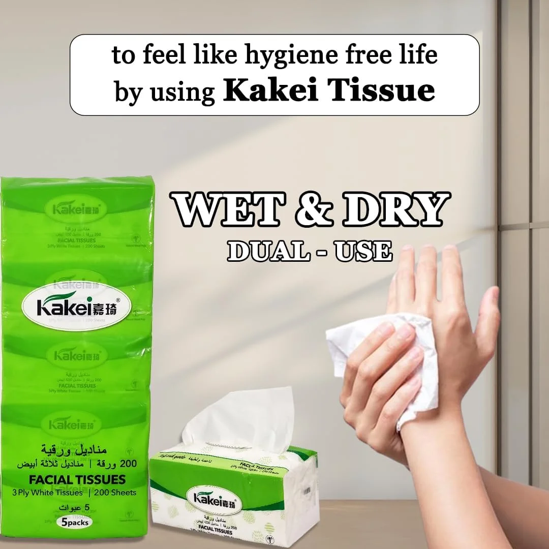 دستمال کاغذی صورت KAKEI، 200 برگ حوله یکبار مصرف صورت، خمیر چوب طبیعی فوق العاده نرم 3 لایه، چند منظوره برای مراقبت از پوست، پاک کننده آرایش، دستمال مرطوب صورت و پاکسازی صورت 1 بسته 5 عددی (سفید)