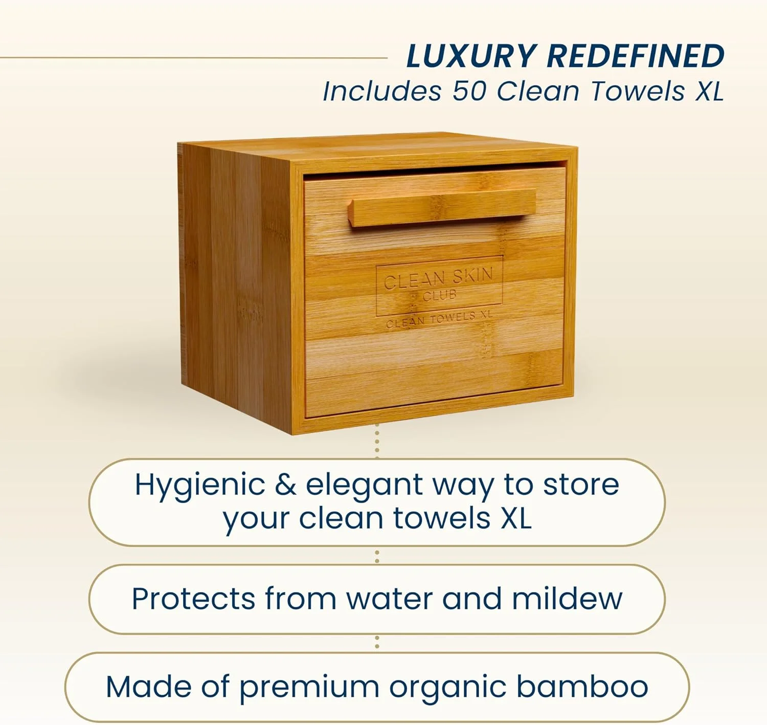 جعبه بامبو لوکس کلین اسکین کلاب با کشو و حوله های XL، حوله صورت، دستمال مرطوب خشک پاک کننده آرایش یکبار مصرف، شستشوی صورت (کشو ظرف بامبو)