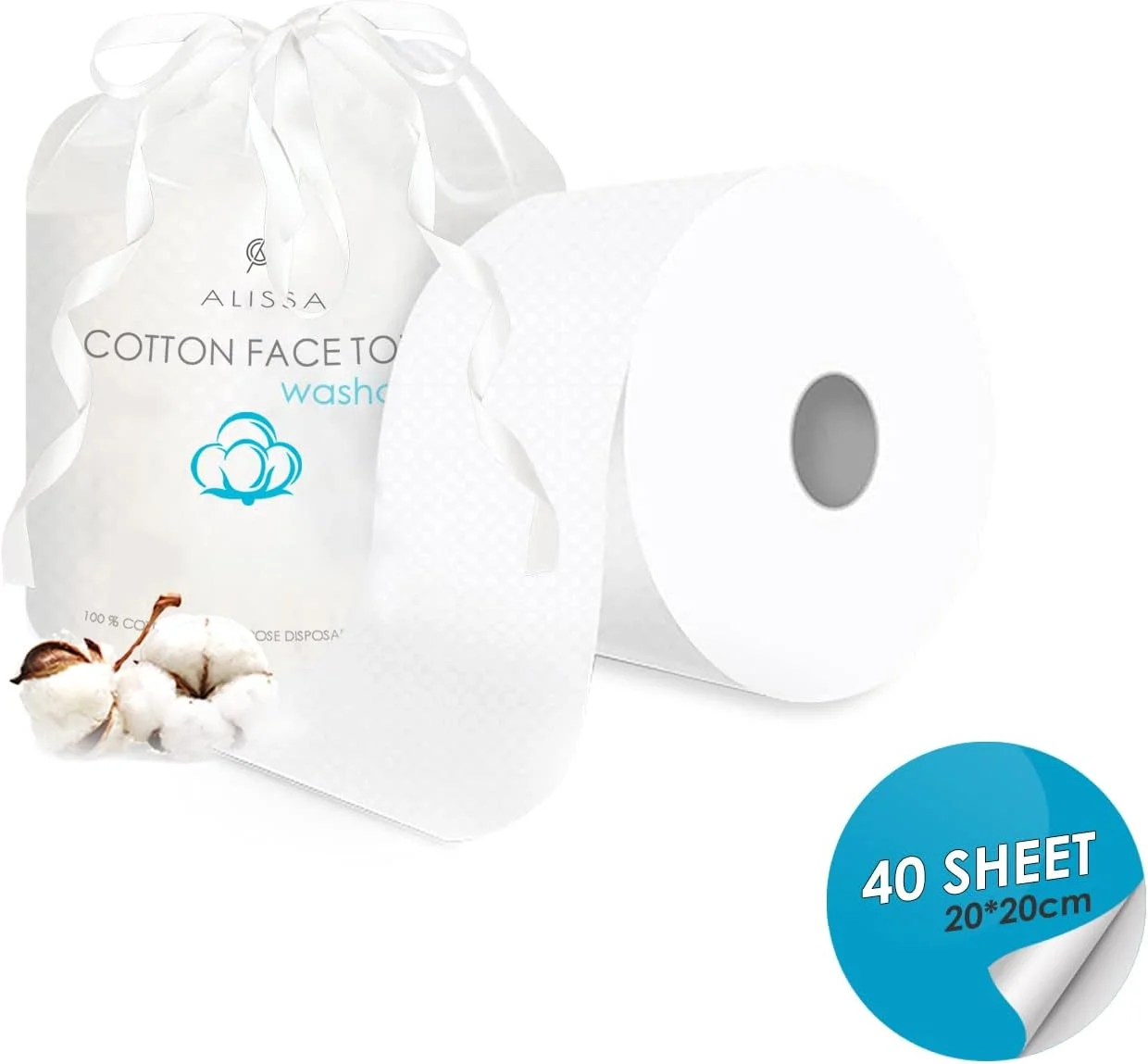 ALISSA (5 بسته 5 رول) دستمال صورت یکبار مصرف 100% پنبه فوق العاده نرم و ضخیم، دستمال کاغذی صورت، مناسب برای استفاده خشک و مرطوب، برای مراقبت از پوست، پاک کردن آرایش، مراقبت از کودک و تمیز کردن سطوح