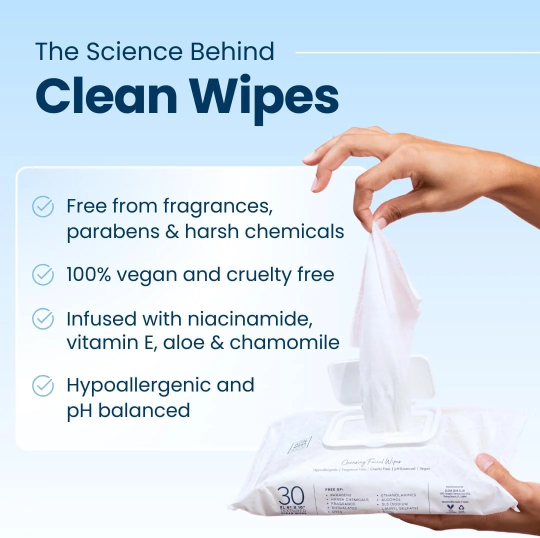 دستمال مرطوب پاک کننده صورت XL پریمیوم کلاب پوست تمیز | دستمال مرطوب پاک کننده آرایش | 30 عدد | پارچه پاک کننده صورت | بدون تست حیوانی و وگان | بدون عطر | بدون الکل یا مواد شیمیایی | بدون GMO و پارابن