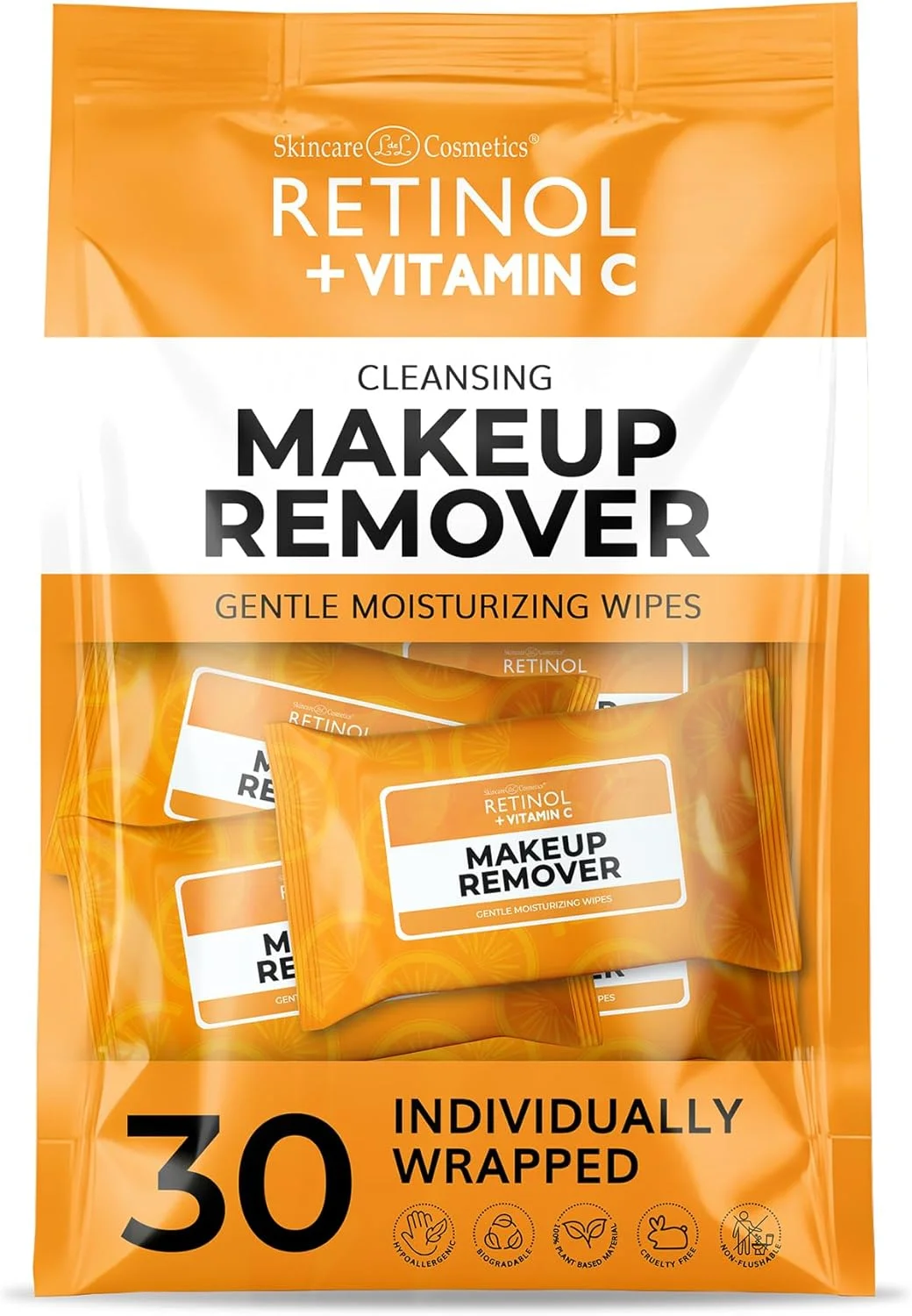 دستمال مرطوب پاک کننده آرایش حاوی رتینول + ویتامین C، مناسب سفر و استفاده روزانه، دستمال مرطوب پاک کننده صورت بانوان، پاک کننده آرایش، ریمل و ضد آفتاب - 30 عدد دستمال صورت تک عددی