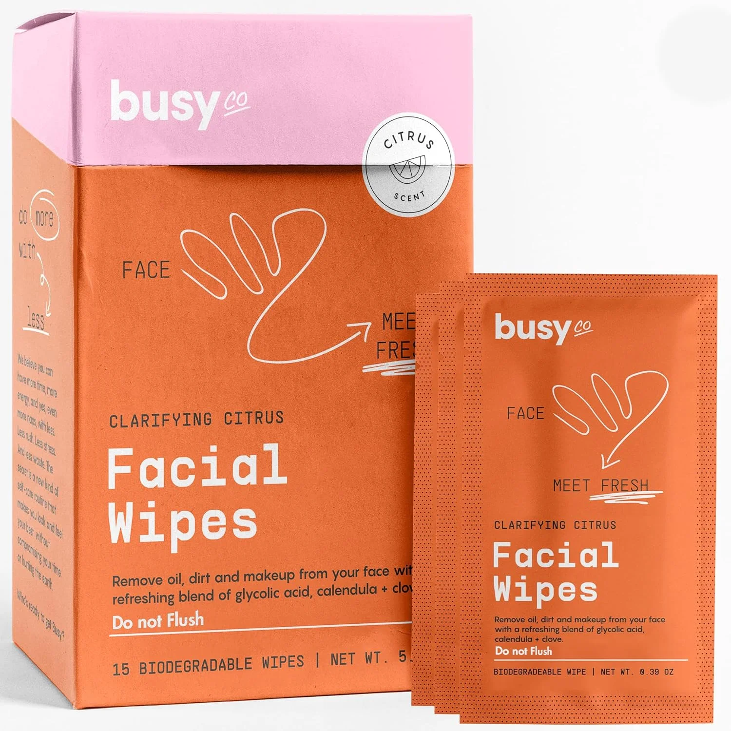 دستمال مرطوب صورت BUSYCO Refresh – دستمال مرطوب تکی پاک کننده صورت – دستمال های مرطوب به صورت جداگانه بسته بندی شده – مناسب بعد از تمرین و مسافرت – پاک کننده طبیعی - مرکبات تازه - AHA/BHA، شبدر و گل همیشه بهار