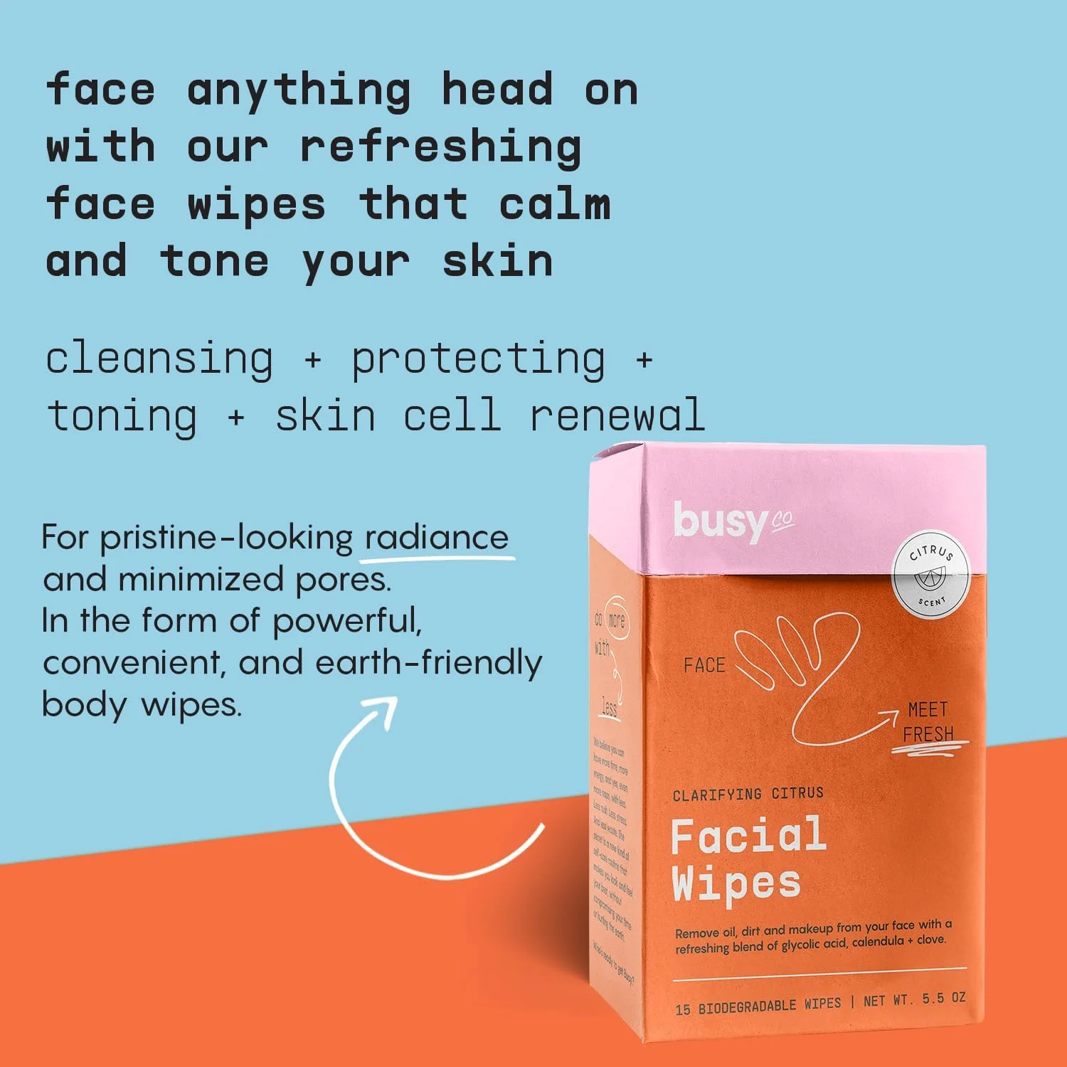 دستمال مرطوب صورت BUSYCO Refresh – دستمال مرطوب تکی پاک کننده صورت – دستمال های مرطوب به صورت جداگانه بسته بندی شده – مناسب بعد از تمرین و مسافرت – پاک کننده طبیعی - مرکبات تازه - AHA/BHA، شبدر و گل همیشه بهار
