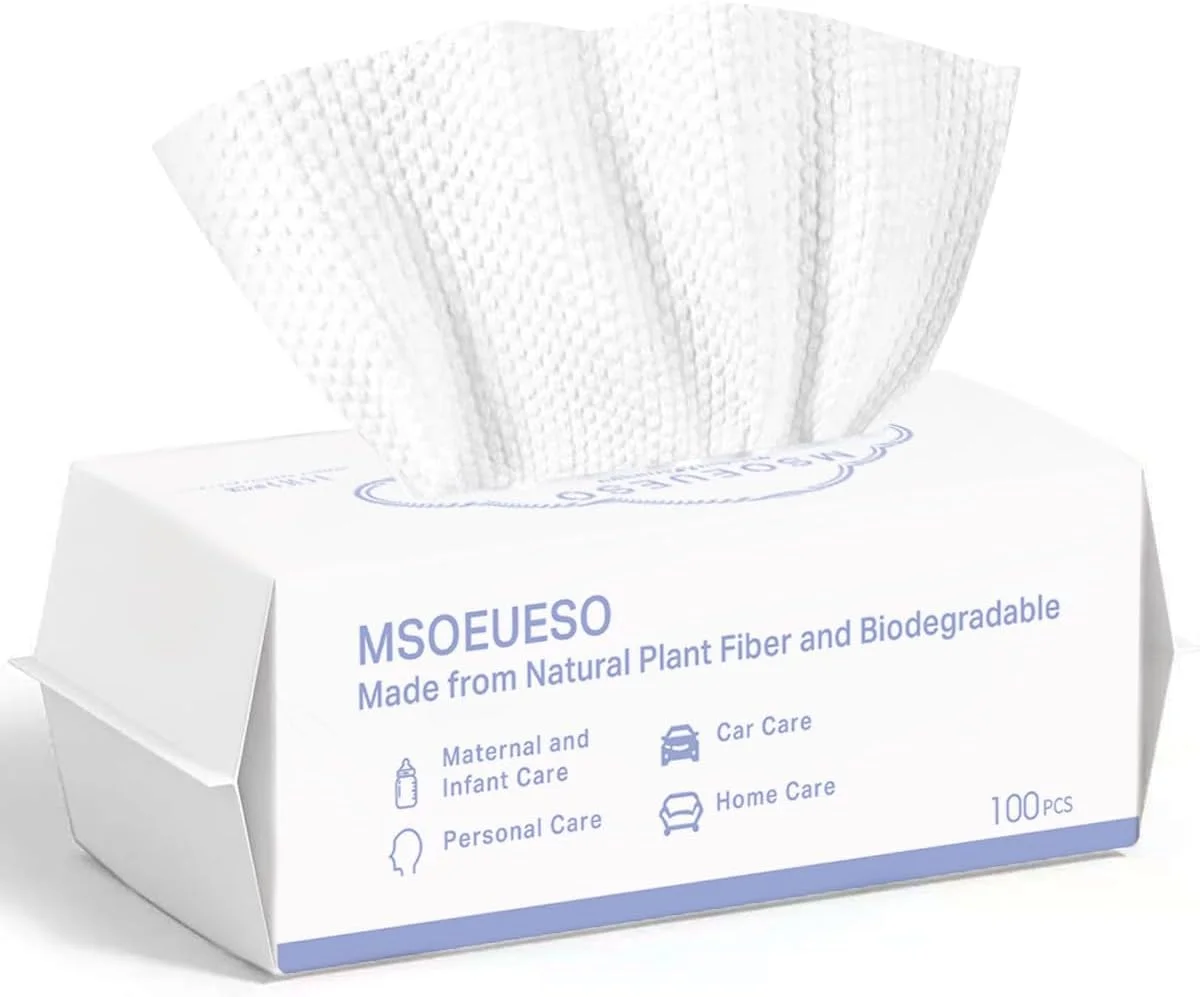 دستمال صورت یکبار مصرف MSOEUESO، دستمال کاغذی صورت 100% پنبه، دستمال مرطوب و خشک صورت، دستمال های تمیز کننده زیست تخریب پذیر، دستمال مرطوب پاک کننده آرایش، فوق العاده نرم برای بزرگسالان و نوزاد، 100 عدد، 1 بسته