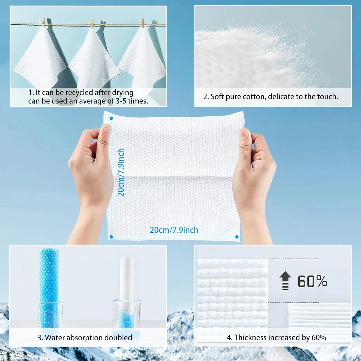 دستمال صورت یکبار مصرف 400 عددی، دستمال مرطوب خشک پنبه ای - دستمال های فوق العاده نرم برای پوست های حساس، پاک کردن آرایش و پاکسازی صورت، 20 * 20 سانتی متر