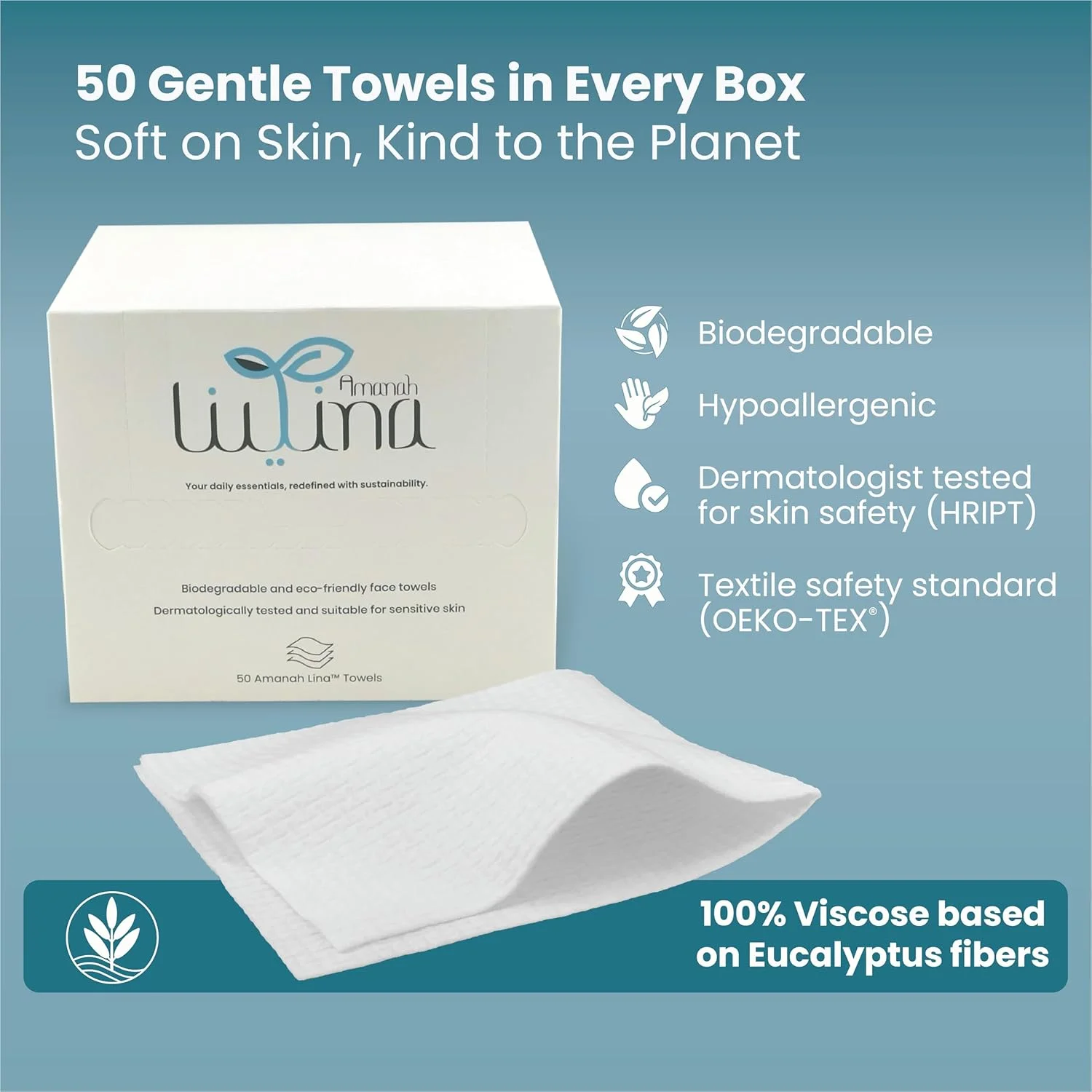 دستمال صورت تجزیه‌پذیر | 100% ویسکوز اکالیپتوس | فوق‌العاده نرم و جاذب | دستمال مرطوب خشک یکبار مصرف برای پوست حساس و پاک کردن آرایش | بدون پرز و ضد حساسیت | 25 × 30 سانتی‌متر | 50 عدد