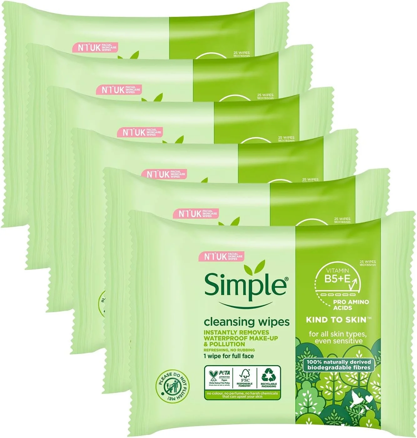 دستمال مرطوب پاک کننده آرایش صورت مناسب پوست حساس با گلیسیرین، ویتامین ای و ویتامین ب۵ - ۲۵ عدد (بسته ۶ عددی)