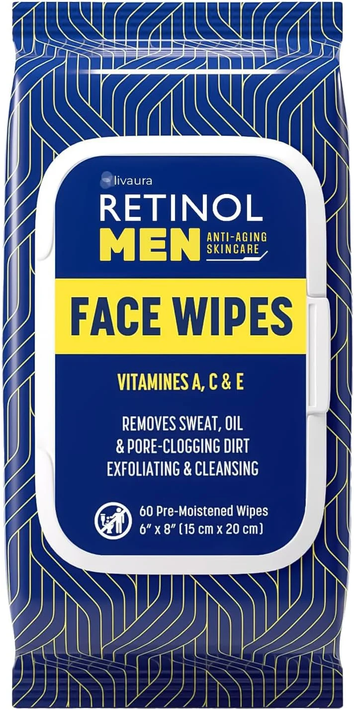 دستمال مرطوب پاک کننده صورت مردانه LIVAURA حاوی رتینول - پاکسازی سریع صورت از عرق، چربی و آلودگی های مسدود کننده منافذ بدون ایجاد سنگینی (60 عدد)