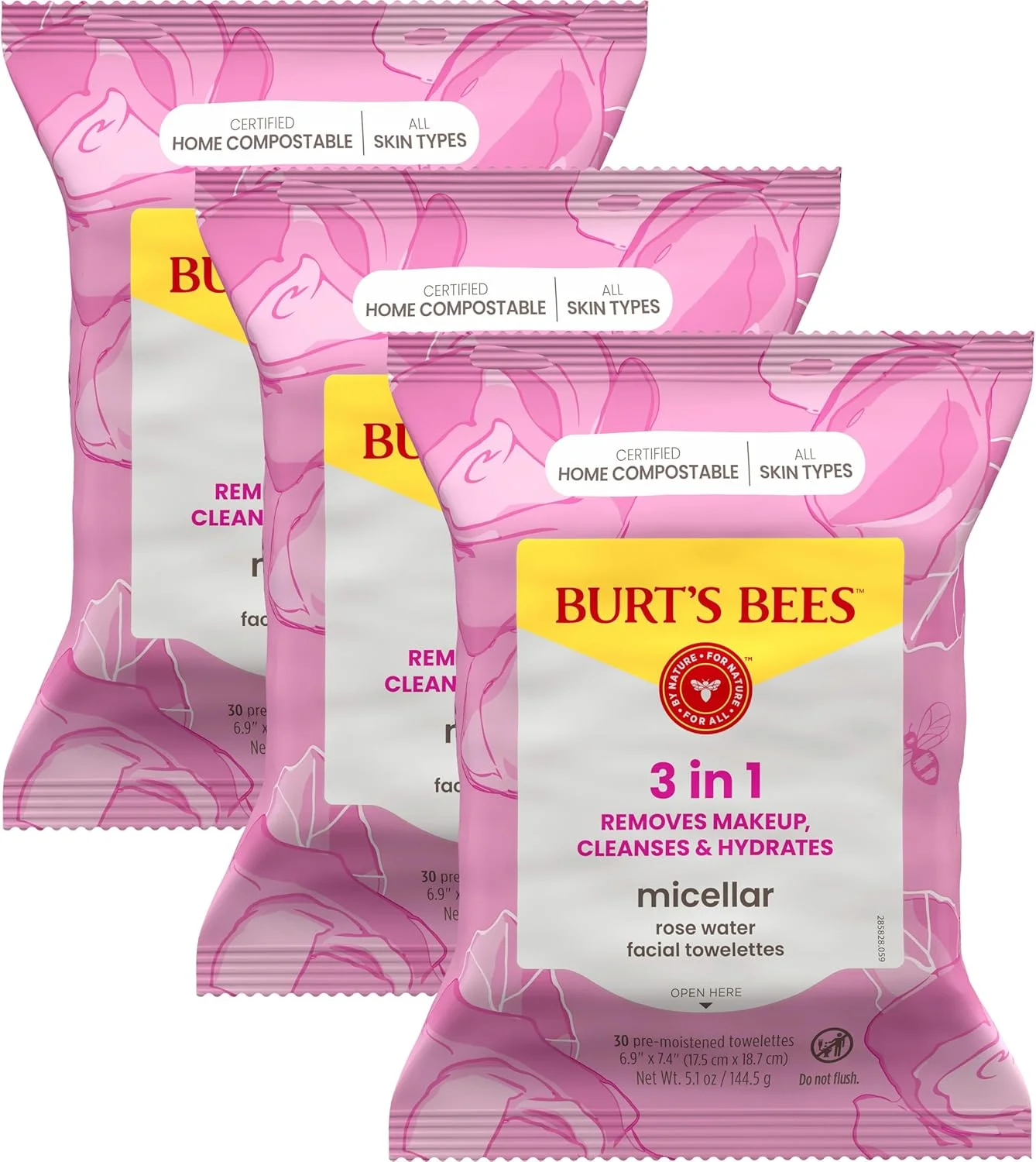 دستمال مرطوب پاک کننده آرایش صورت با عصاره گل رز Burt's Bees، مناسب انواع پوست، آبرسان و پاک کننده ملایم، 3 بسته 30 عددی
