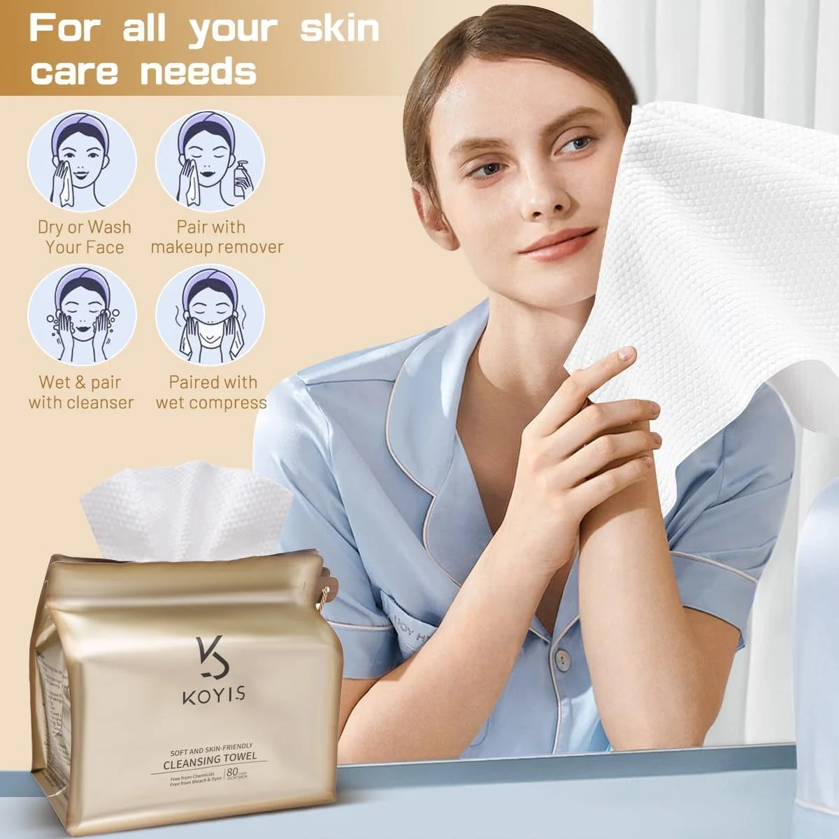 دستمال صورت یکبار مصرف، دستمال پاک کننده صورت با الیاف بلند گیاهی برای پوست حساس، دستمال صورت بدون پرز برای پاکسازی، مراقبت از پوست و پاک کردن آرایش، دستمال مرطوب خشک برای بسته بندی کیف (80 عدد در 1 بسته)