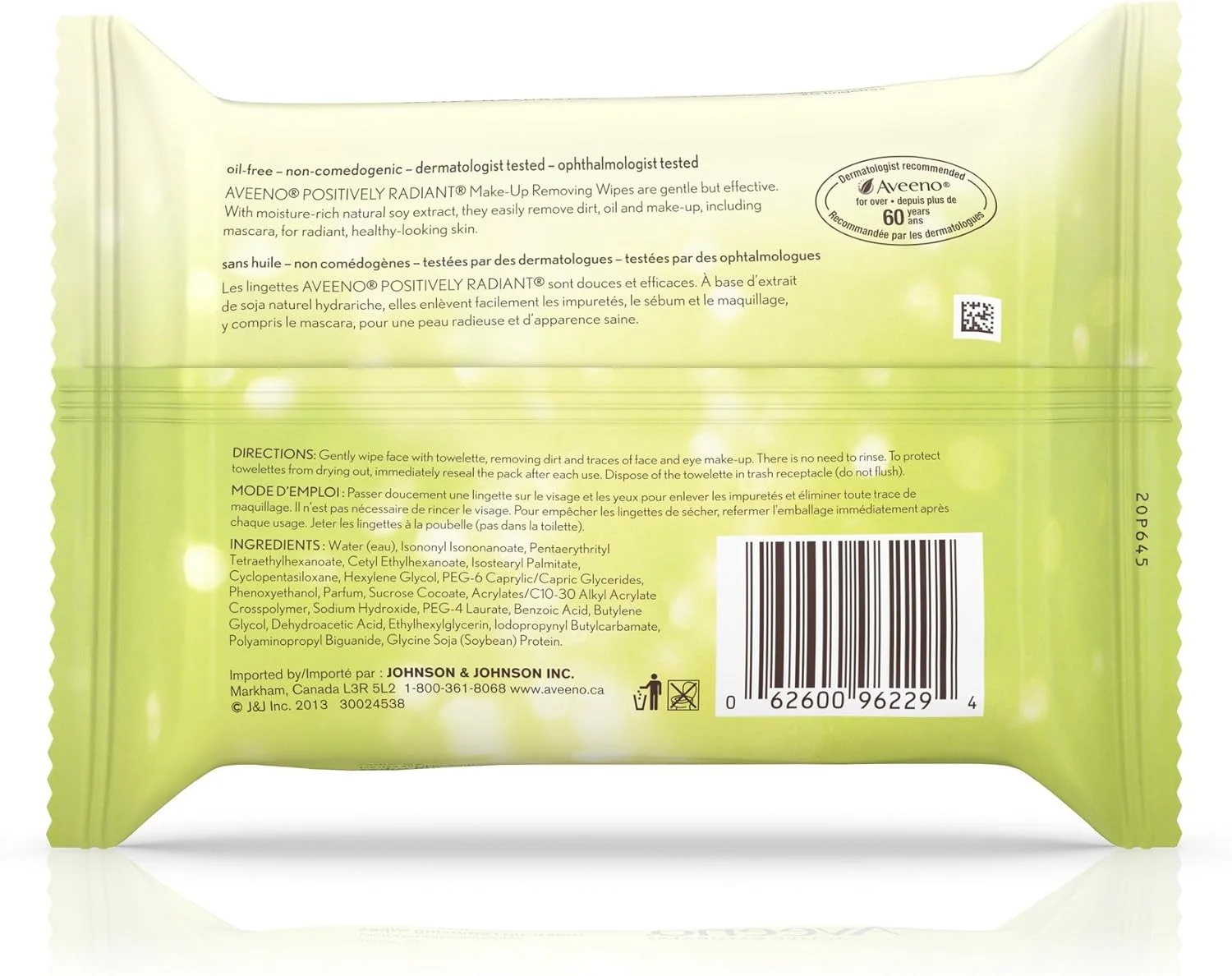 دستمال مرطوب پاک کننده آرایش صورت آوینو، دستمال مرطوب پاک کننده صورت مدل Positively Radiant حاوی عصاره سویا، 25 عدد