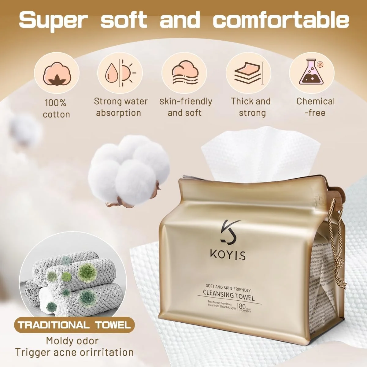 دستمال صورت یکبار مصرف، دستمال پاک کننده صورت با الیاف بلند گیاهی برای پوست حساس، دستمال صورت بدون پرز برای پاکسازی، مراقبت از پوست و پاک کردن آرایش، دستمال مرطوب خشک برای بسته بندی کیف (80 عدد در 1 بسته)