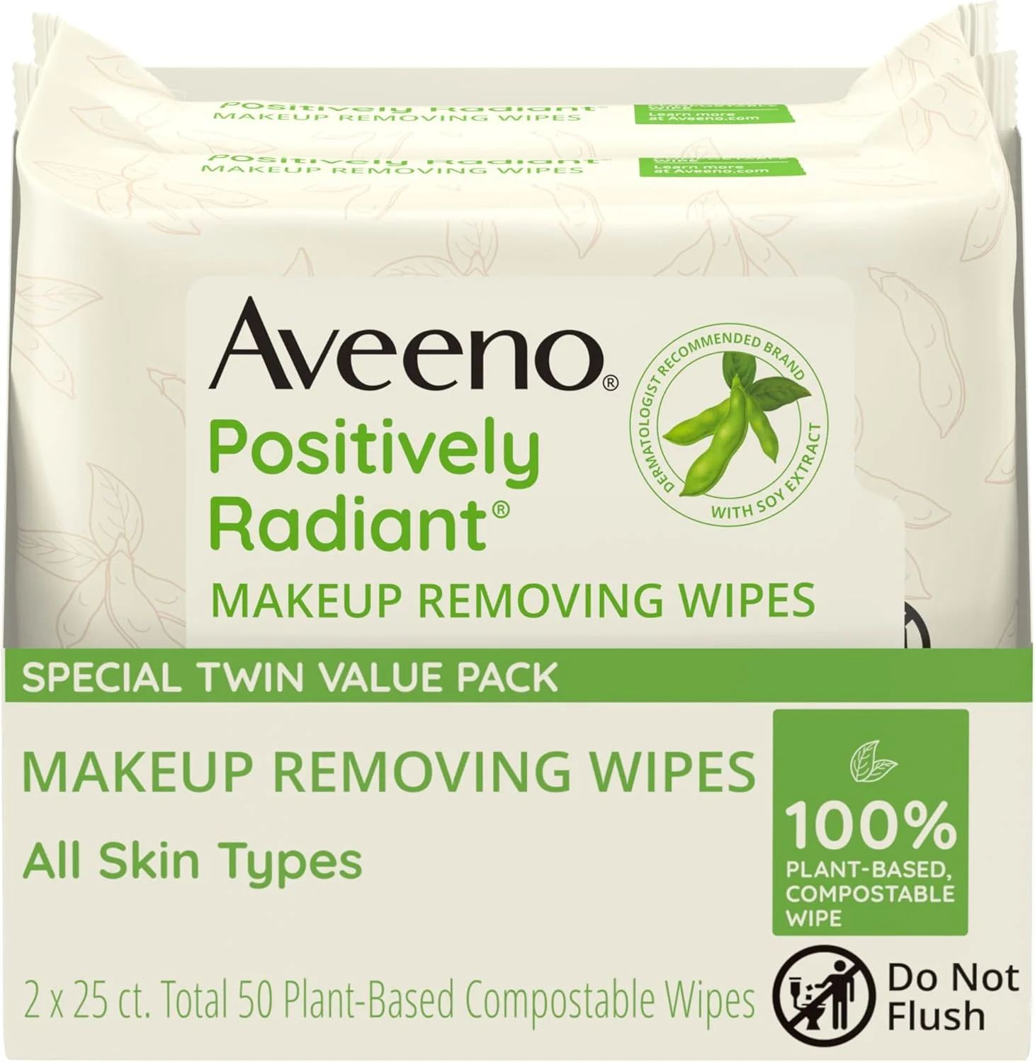 دستمال مرطوب پاک کننده آرایش صورت بدون روغن Aveeno Positively Radiant، کمک به یکنواخت کردن رنگ و بافت پوست با عصاره سویای غنی از رطوبت، دستمال مرطوب ملایم پاک کننده صورت، بسته دوقلو، 2 بسته 25 عددی