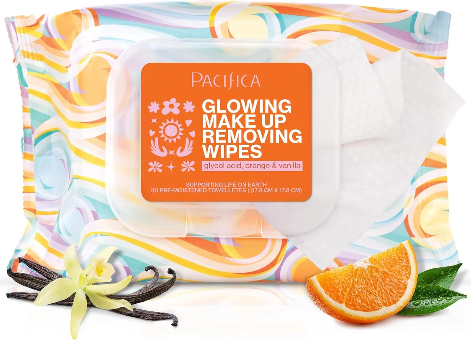 دستمال مرطوب پاک کننده آرایش صورت پسیفیکا بیوتی، درخشان کننده، حاوی گلیکولیک اسید، آب نارگیل و آلوئه ورا، پاک کننده روزانه، لایه بردار، مراقبت از پوست تمیز، دستمال های گیاهی صورت، وگان و بدون تست حیوانی