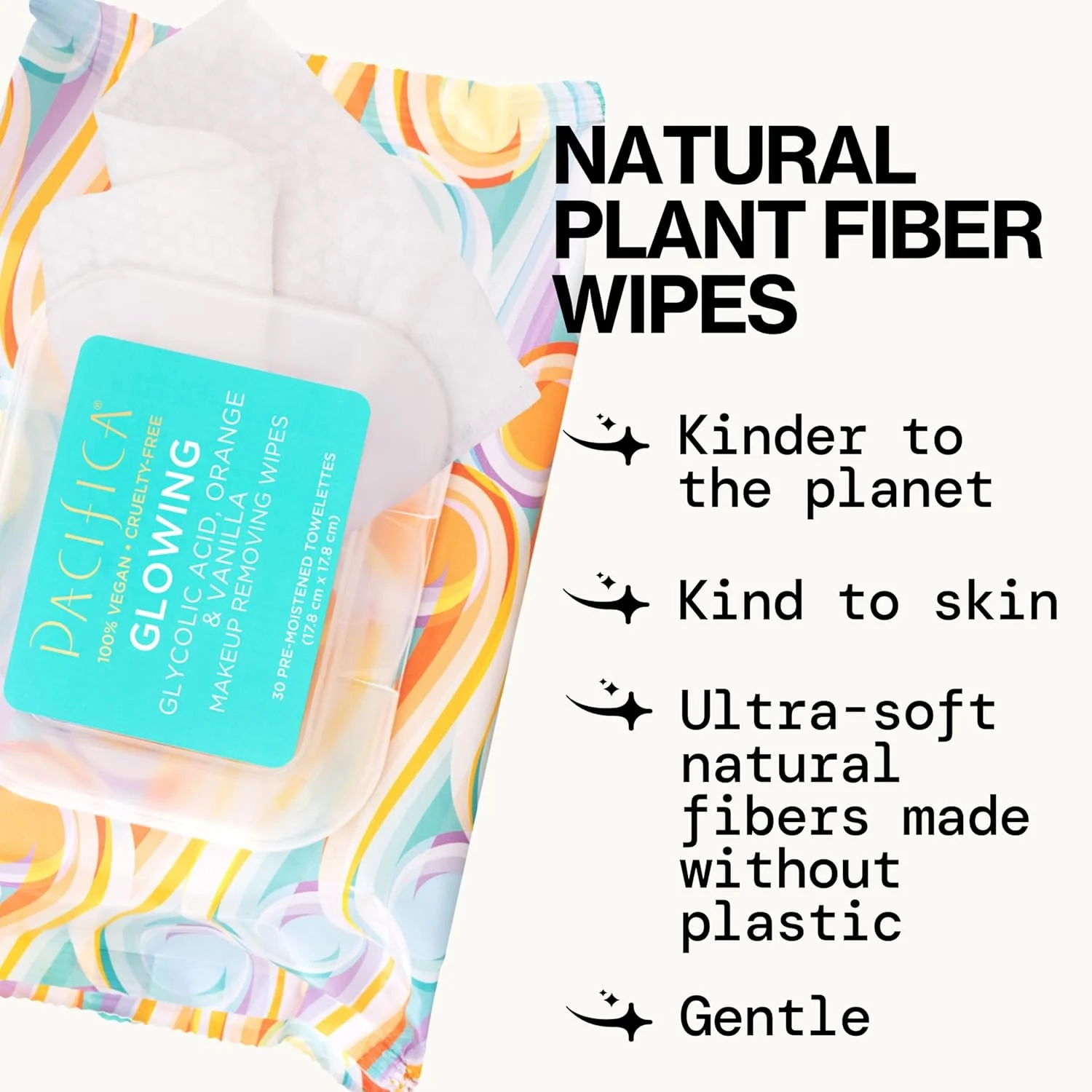 دستمال مرطوب پاک کننده آرایش صورت پسیفیکا بیوتی، درخشان کننده، حاوی گلیکولیک اسید، آب نارگیل و آلوئه ورا، پاک کننده روزانه، لایه بردار، مراقبت از پوست تمیز، دستمال های گیاهی صورت، وگان و بدون تست حیوانی