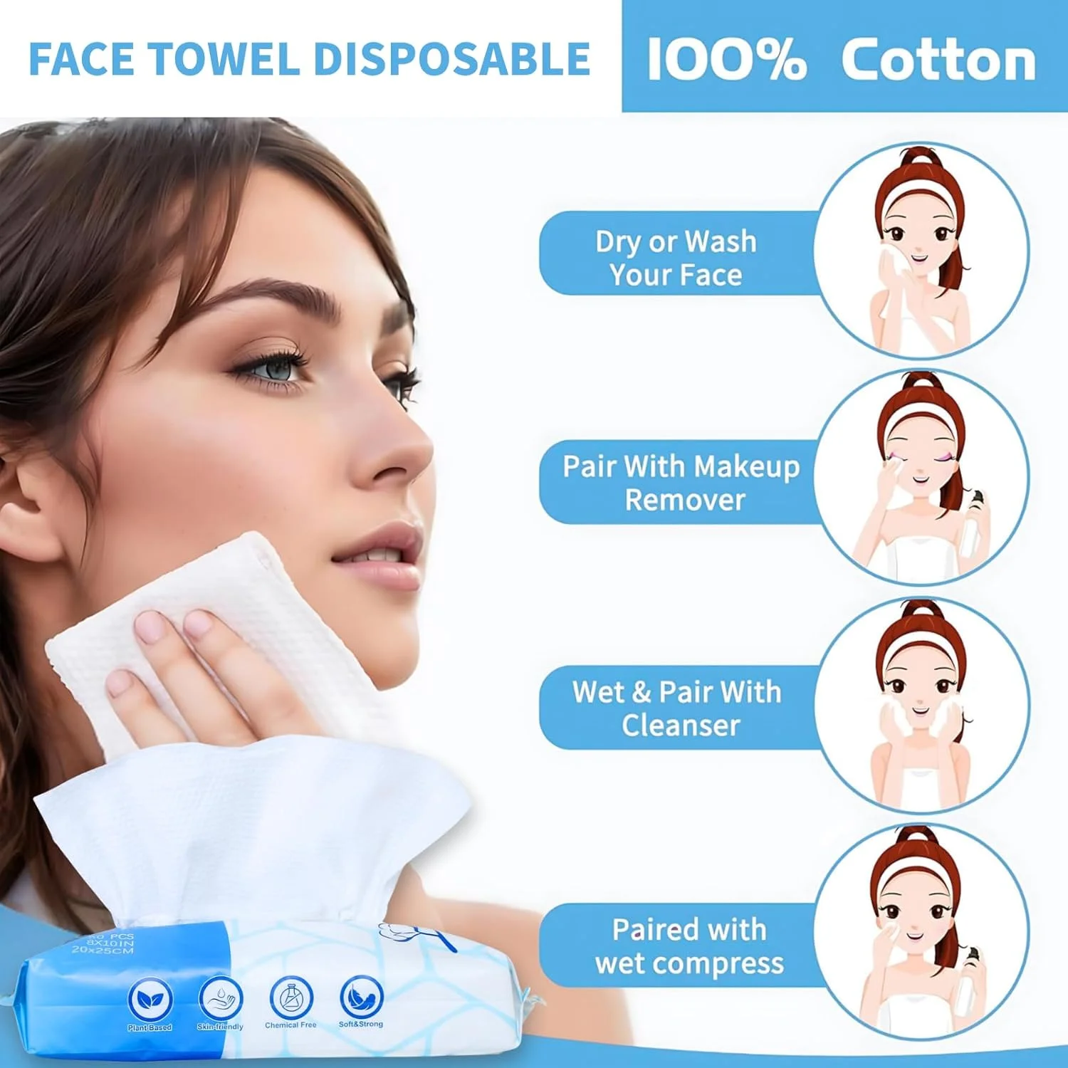 دستمال صورت یکبار مصرف VIETDAI، سایز بزرگ، دستمال مرطوب خشک صورت، فوق العاده ضخیم، فوق العاده نرم، دستمال صورت تمیز کننده، دستمال کاغذی پنبه ای با قابلیت استفاده خشک و مرطوب برای پوست حساس - 50 عدد