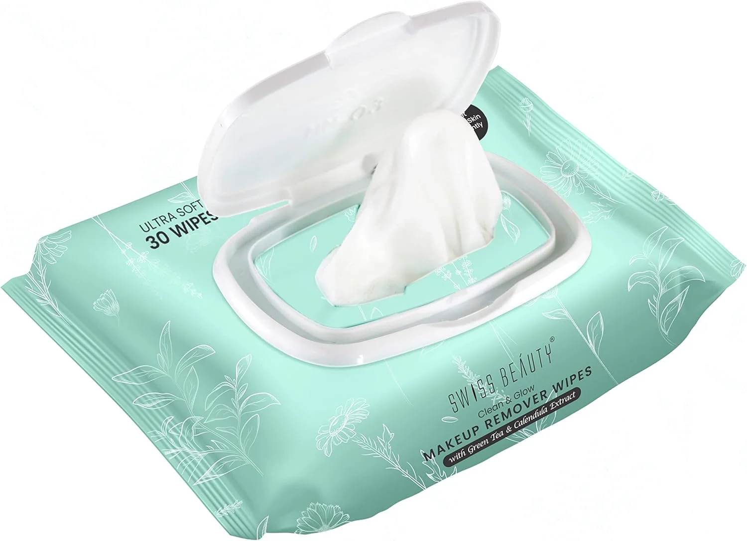 دستمال مرطوب پاک کننده آرایش سوییس بیوتی کلین اند گلو | حاوی عصاره چای سبز و گل همیشه بهار | دستمال مرطوب پاک کننده و آبرسان صورت | 30 عدد