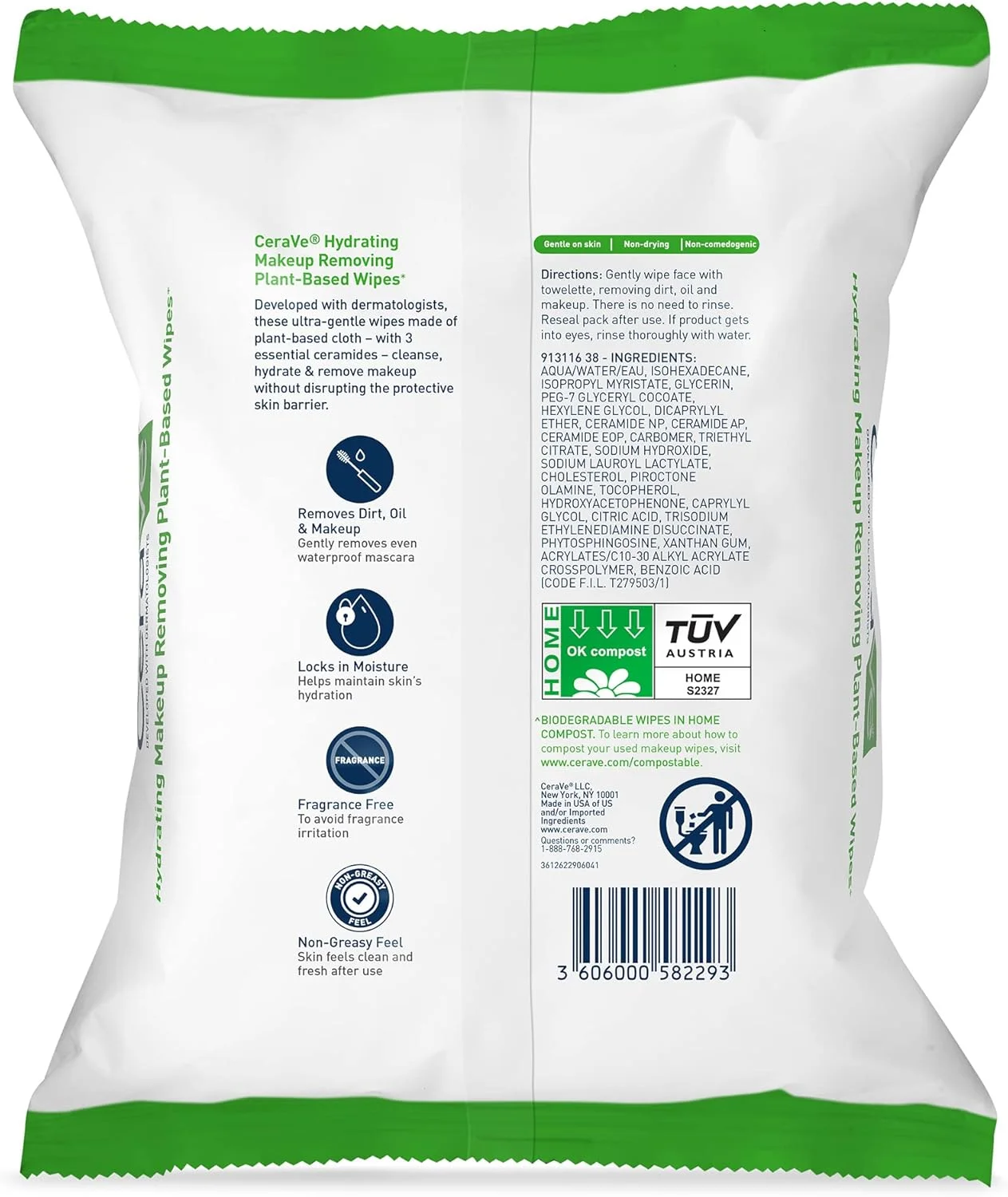 دستمال مرطوب پاک کننده آرایش صورت سراوی | دستمال مرطوب صورت گیاهی | قابل تجزیه زیستی در کمپوست خانگی | پارچه شستشوی صورت | مناسب برای پوست حساس | بدون عطر و غیر کومدون زا | 25 عدد