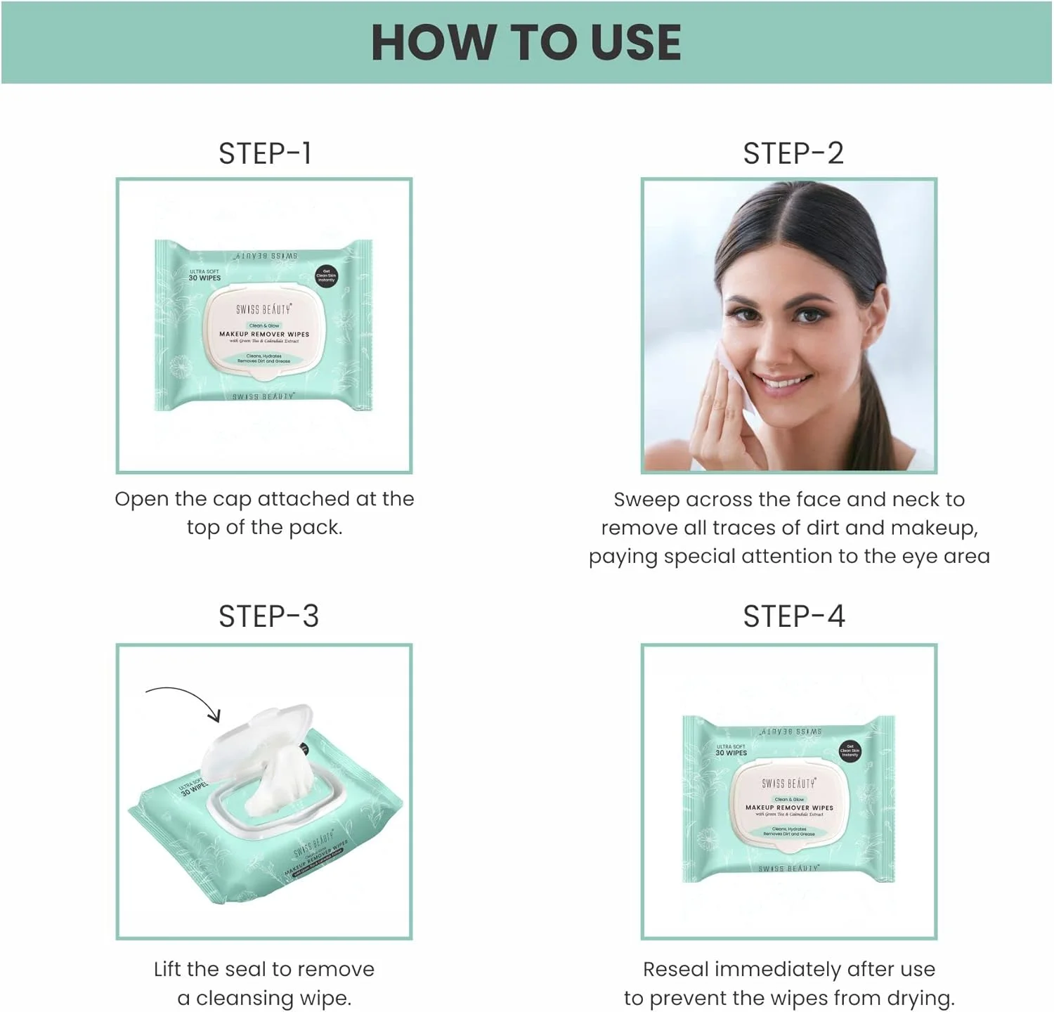 دستمال مرطوب پاک کننده آرایش سوییس بیوتی کلین اند گلو | حاوی عصاره چای سبز و گل همیشه بهار | دستمال مرطوب پاک کننده و آبرسان صورت | 30 عدد