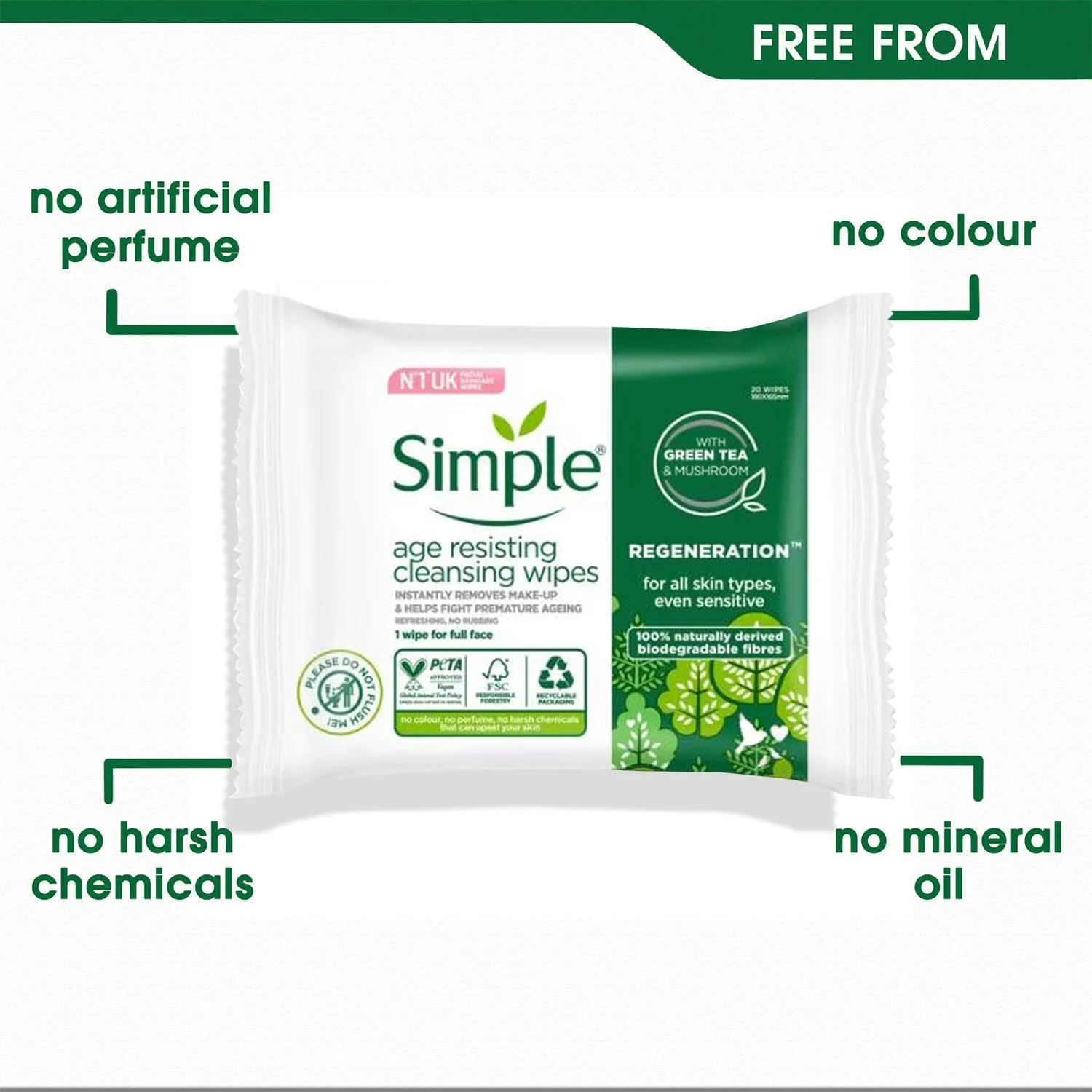 دستمال مرطوب پاک کننده آرایش و ضد پیری پوست حساس سیمپل، 20 عدد